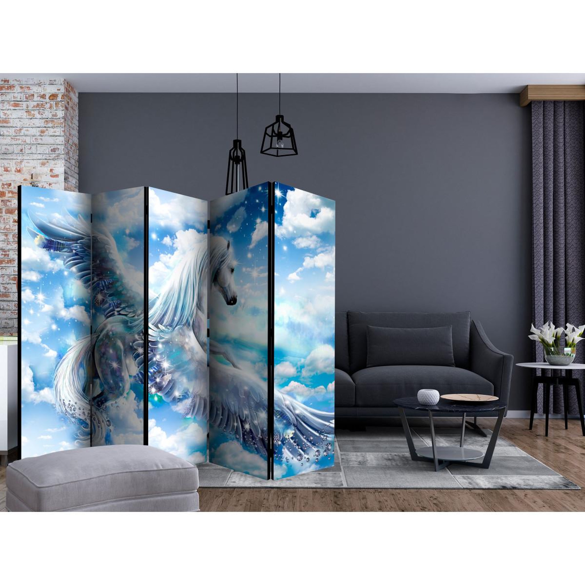 Voir la diapositive 2 : Paris Prix Paravent 5 volets  pegasus blue  172x225cm