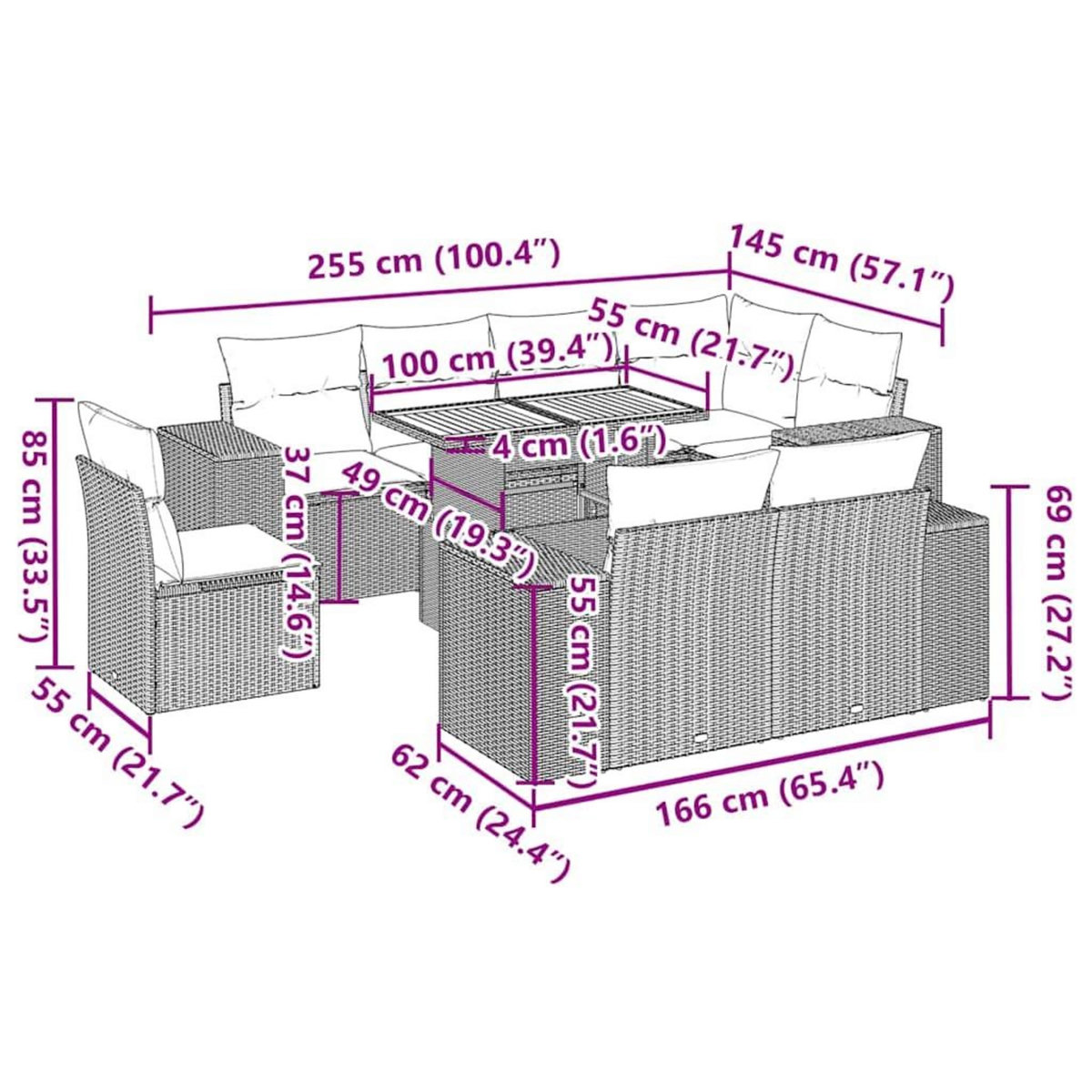 VIDAXL Salon de jardin 9 pcs avec coussins gris resine tressee