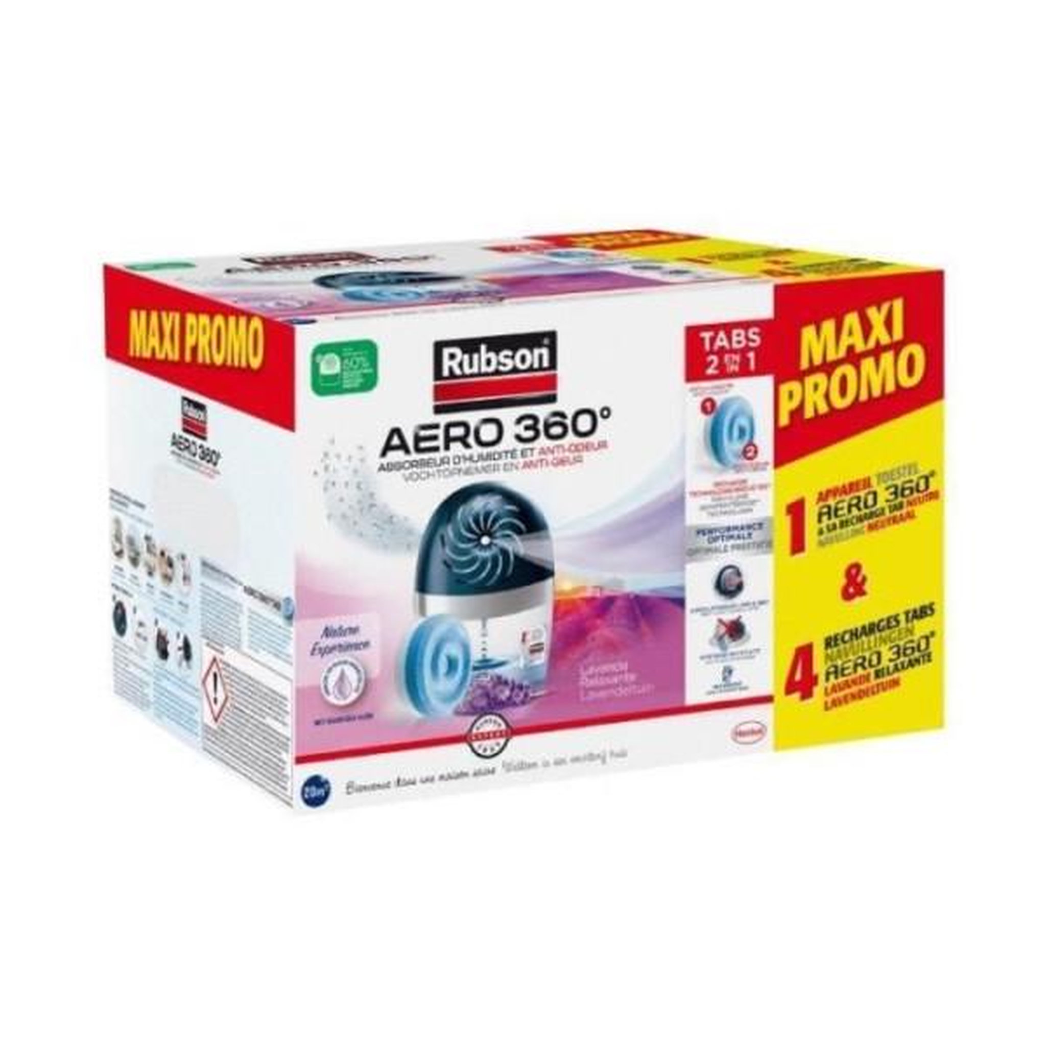 rubson Déshumidificateur d'Air Absorbeur d'humidité - RUBSON - MAXI PROMO - 4 recharges Lavande + 1 appareil Aéro 360° 20 m²