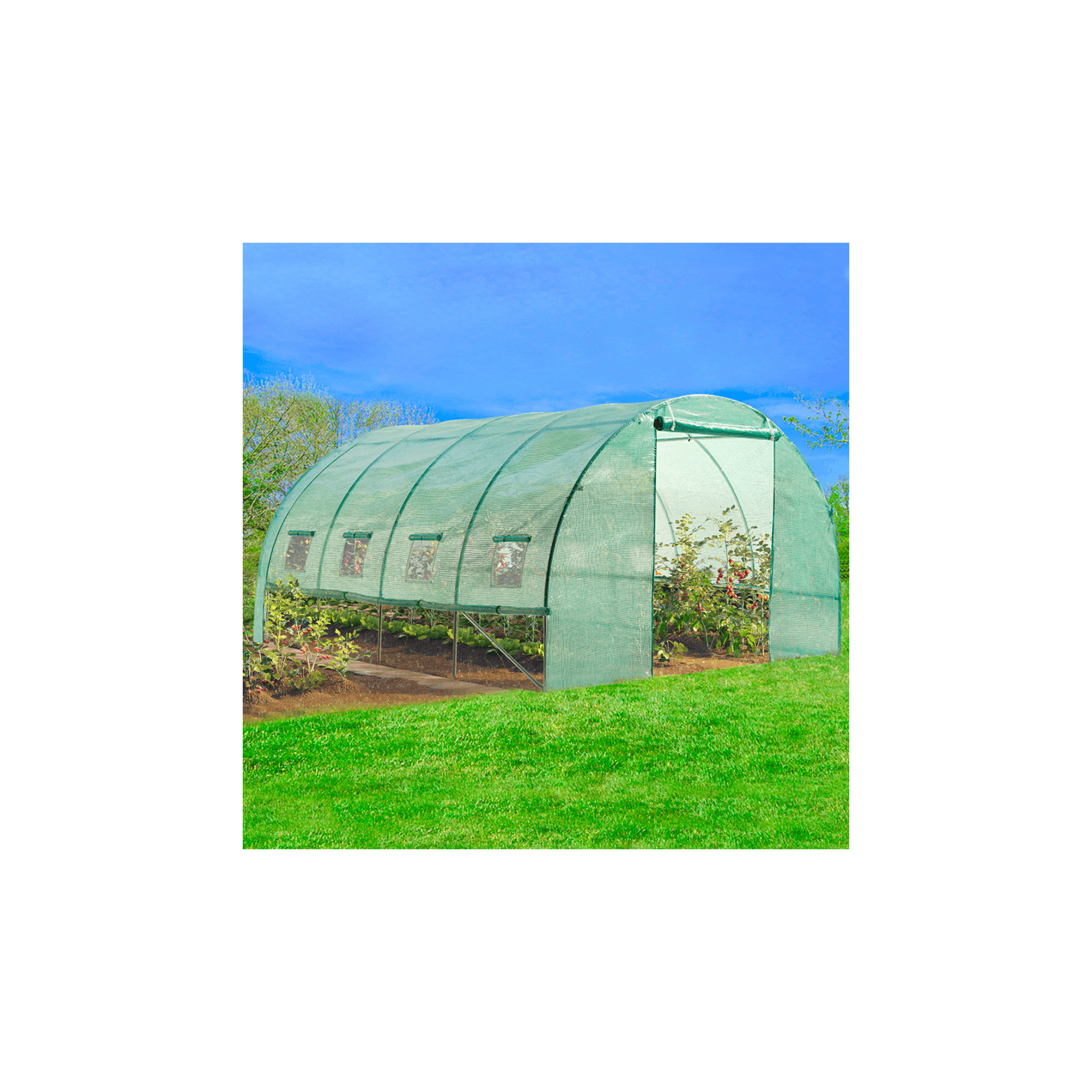 Voir la diapositive 2 : ID MARKET Serre de jardin tunnel 12m² 4 x 3 x 2 m acier galvanisé + bâche anti-uv avec porte et fenêtres zebra verte toutes saisons