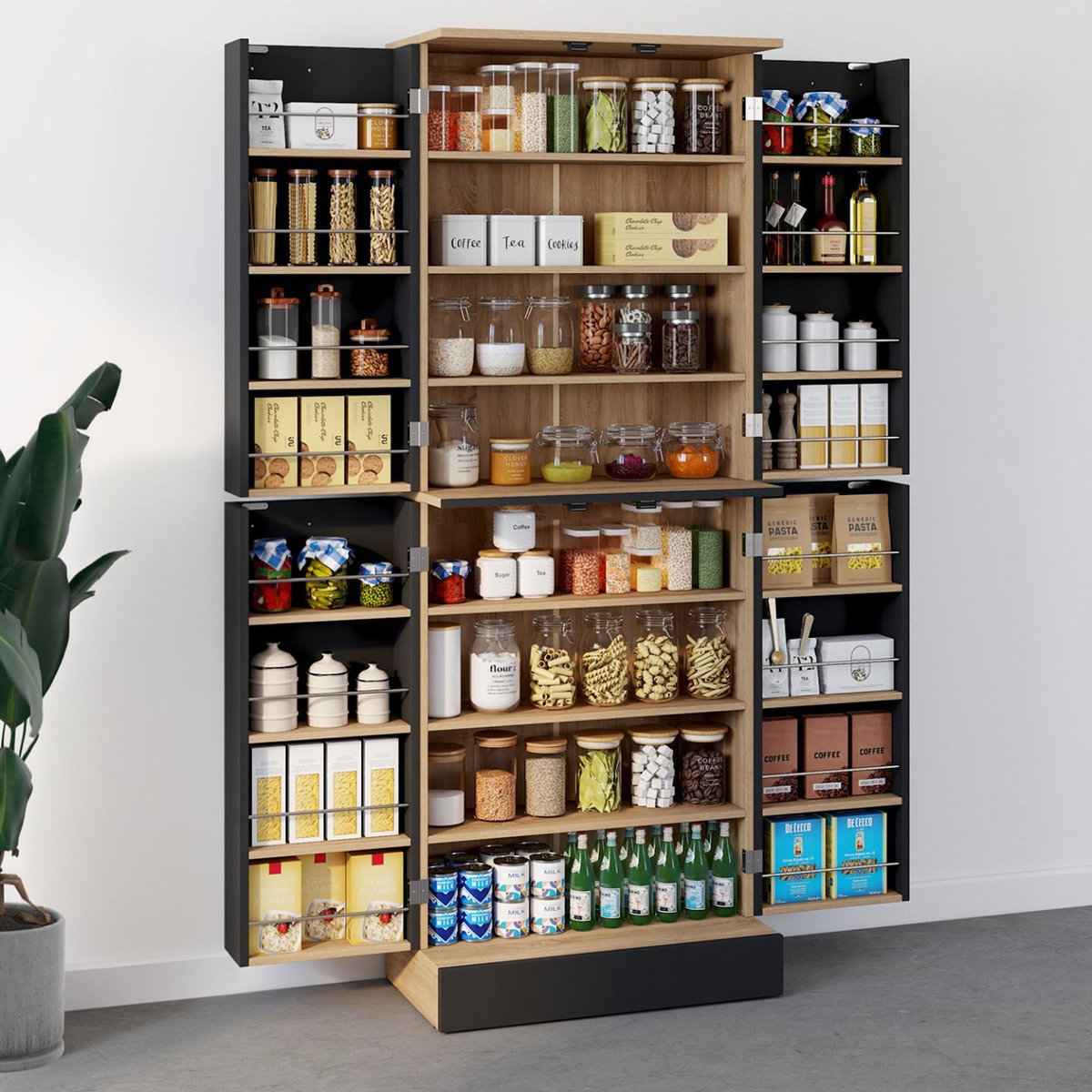 ID MARKET Buffet haut armoire de cuisine H.160 cm ALTO 4 portes avec rangements façon hêtre et noir