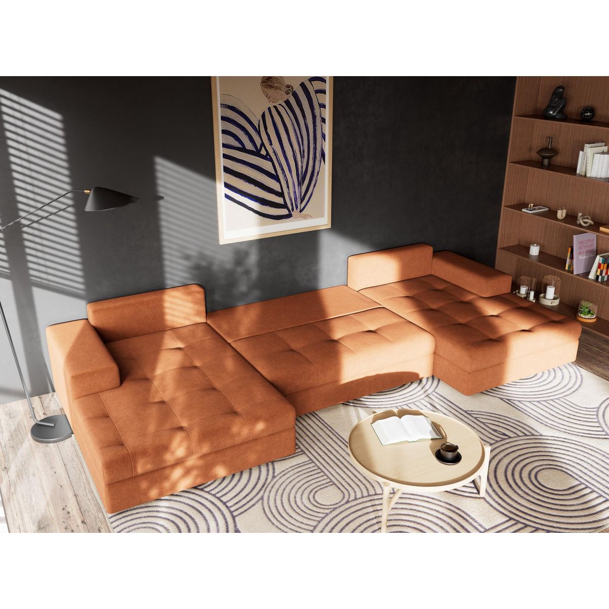 BEST MOBILIER Bastian - canapé panoramique en u 7 places convertible avec coffre en velours texturé