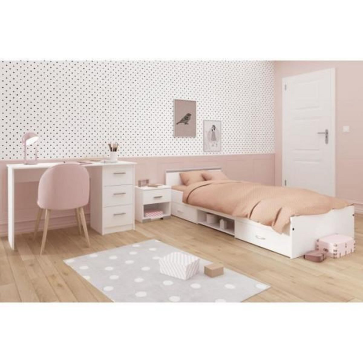 PARISOT Chambre complete enfant 3 pieces ZODIAC - Lit + chevet + bureau - Décor blanc - PARISOT