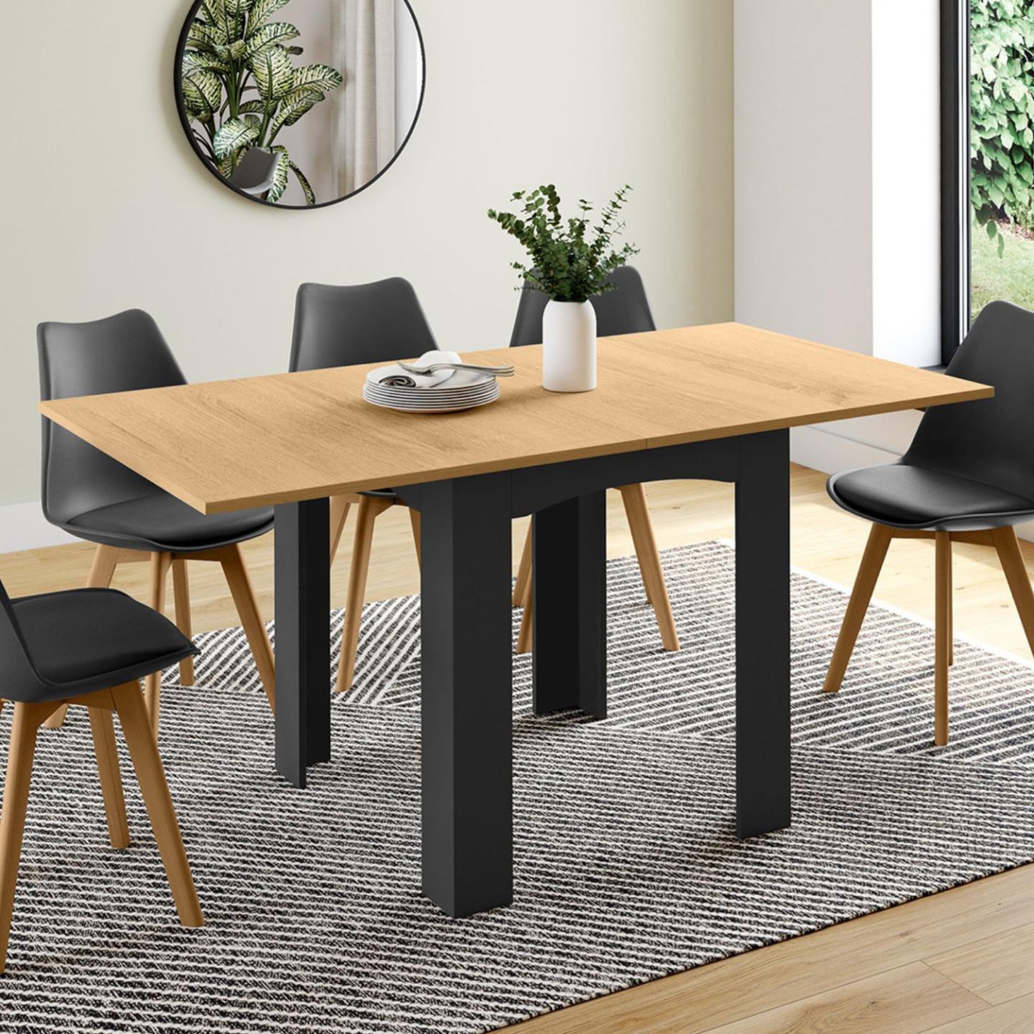 Voir la diapositive 2 : ID MARKET Table à manger extensible rectangle dona 4-8 personnes noire plateau façon hêtre 80-160 cm