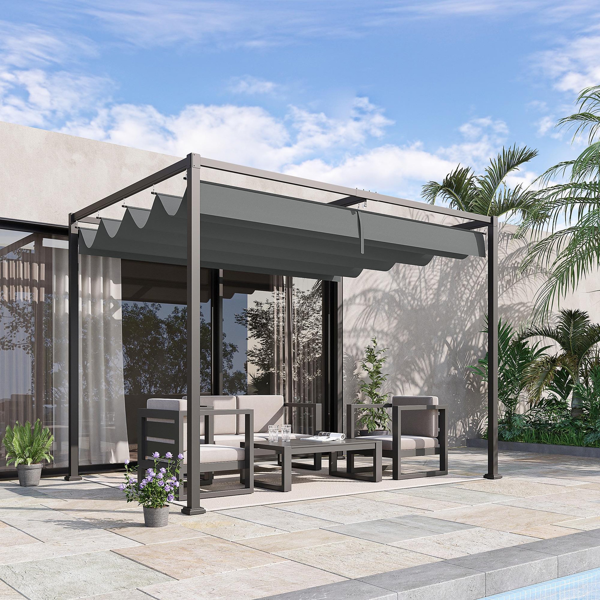 Voir la diapositive 2 : OUTSUNNY Pergola rétractable 2,98L x 2,13l x 2,22H m structure métal époxy anticorrosion toile polyester haute densité 180 g/m² incluse gris