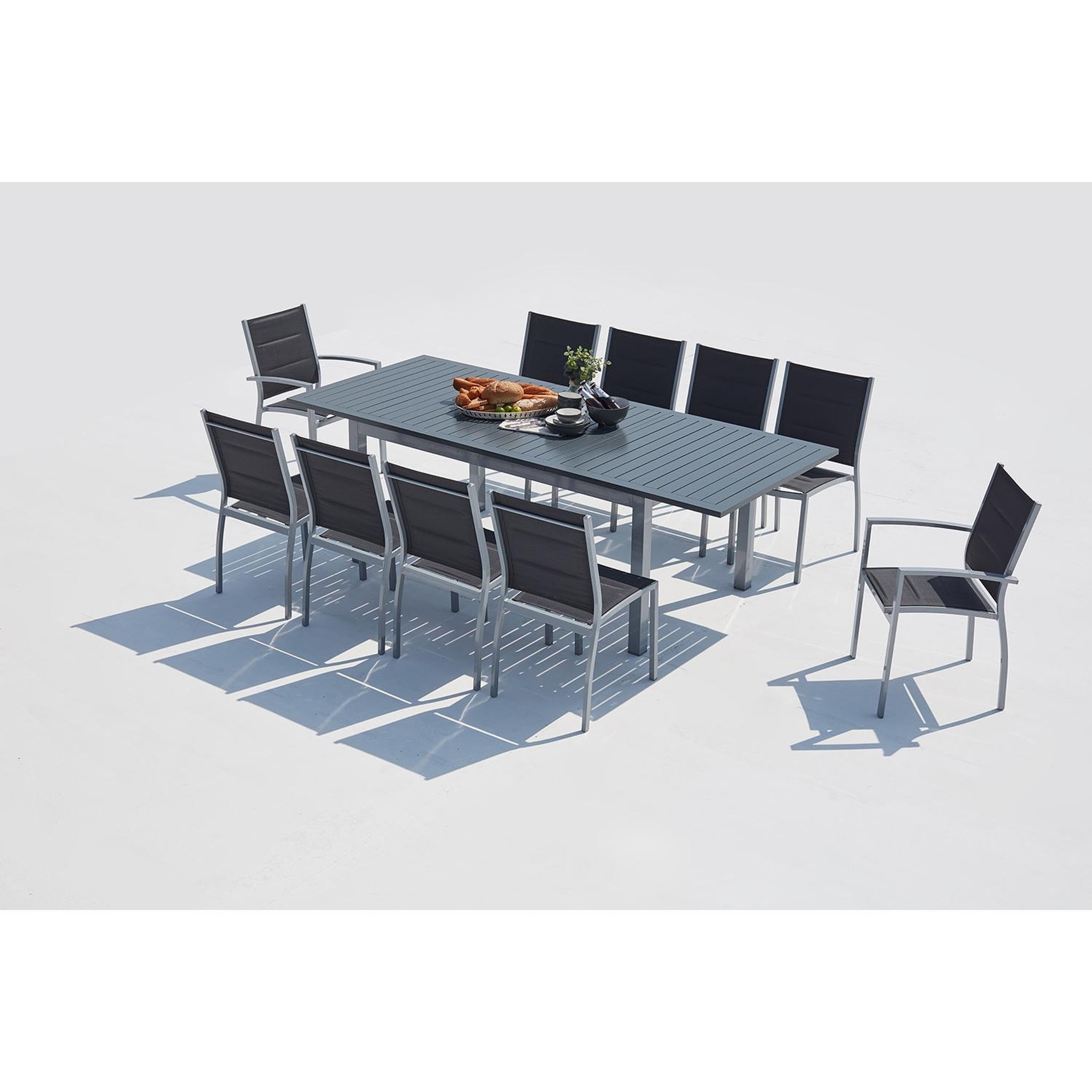 Voir la diapositive 5 : CONCEPT USINE Table de jardin extensible et 10 chaises alu-toile PVC gris AREZZO