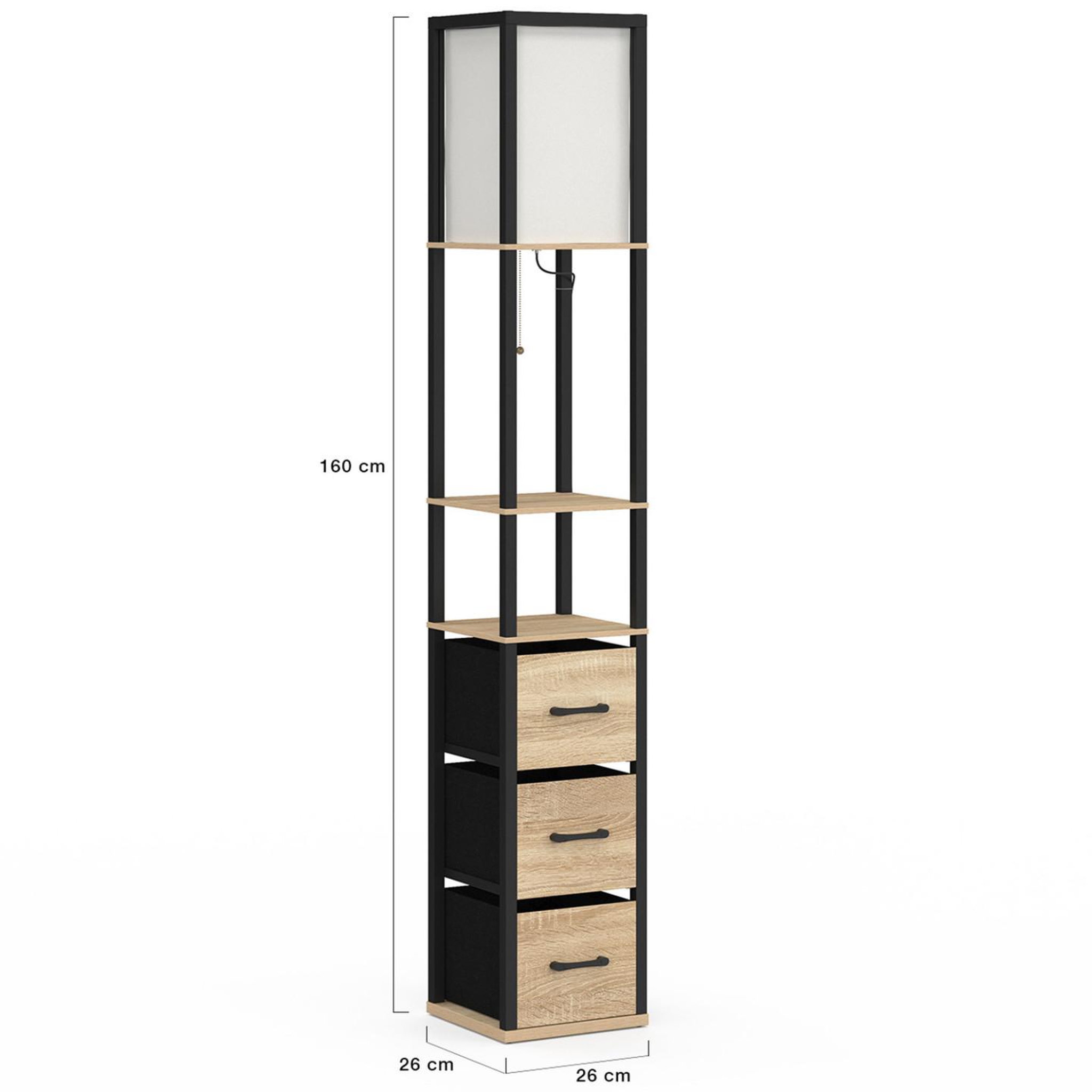 Voir la diapositive 5 : ID MARKET Lampadaire industriel en bois noir avec étagères bois clair 3 tiroirs tissu utah et abat-jour carré blanc