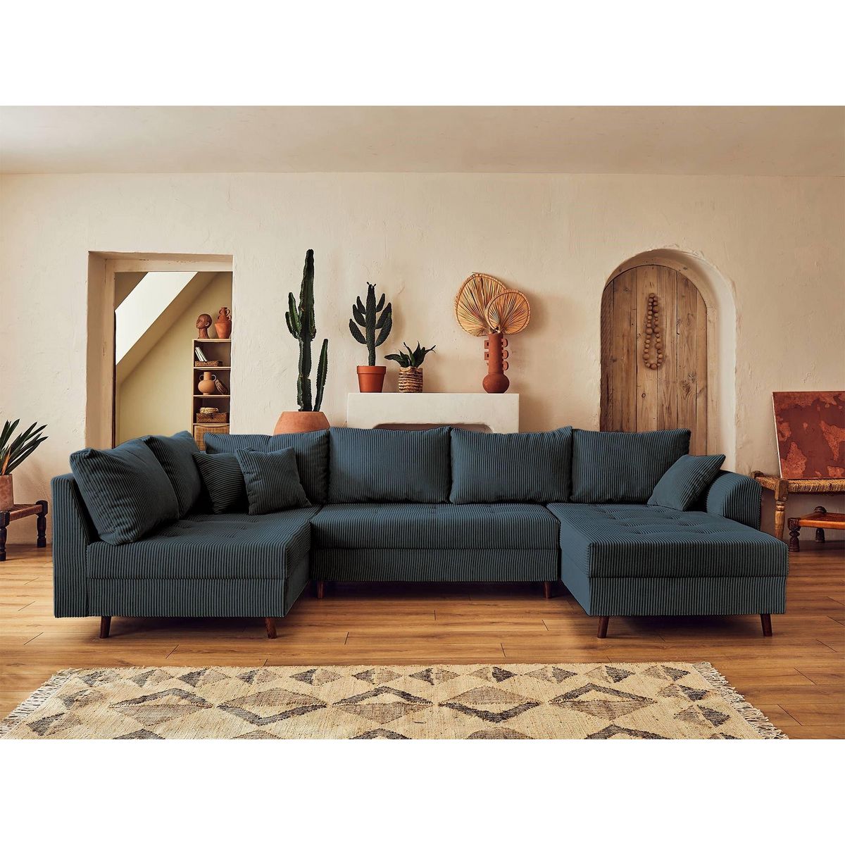 LISA DESIGN Rune - canapé panoramique d'angle gauche - 7 places - avec pouf d'appoint - en velours côtelé