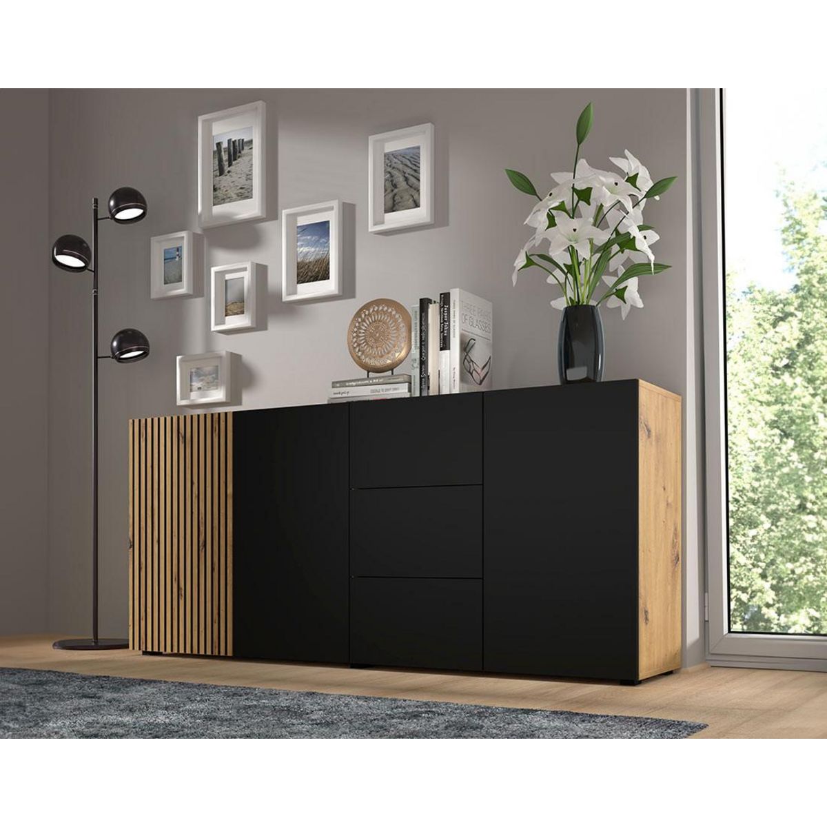 BEST MOBILIER Ozzy - buffet bas - 3 tiroirs - effet bois et noir - 180 cm