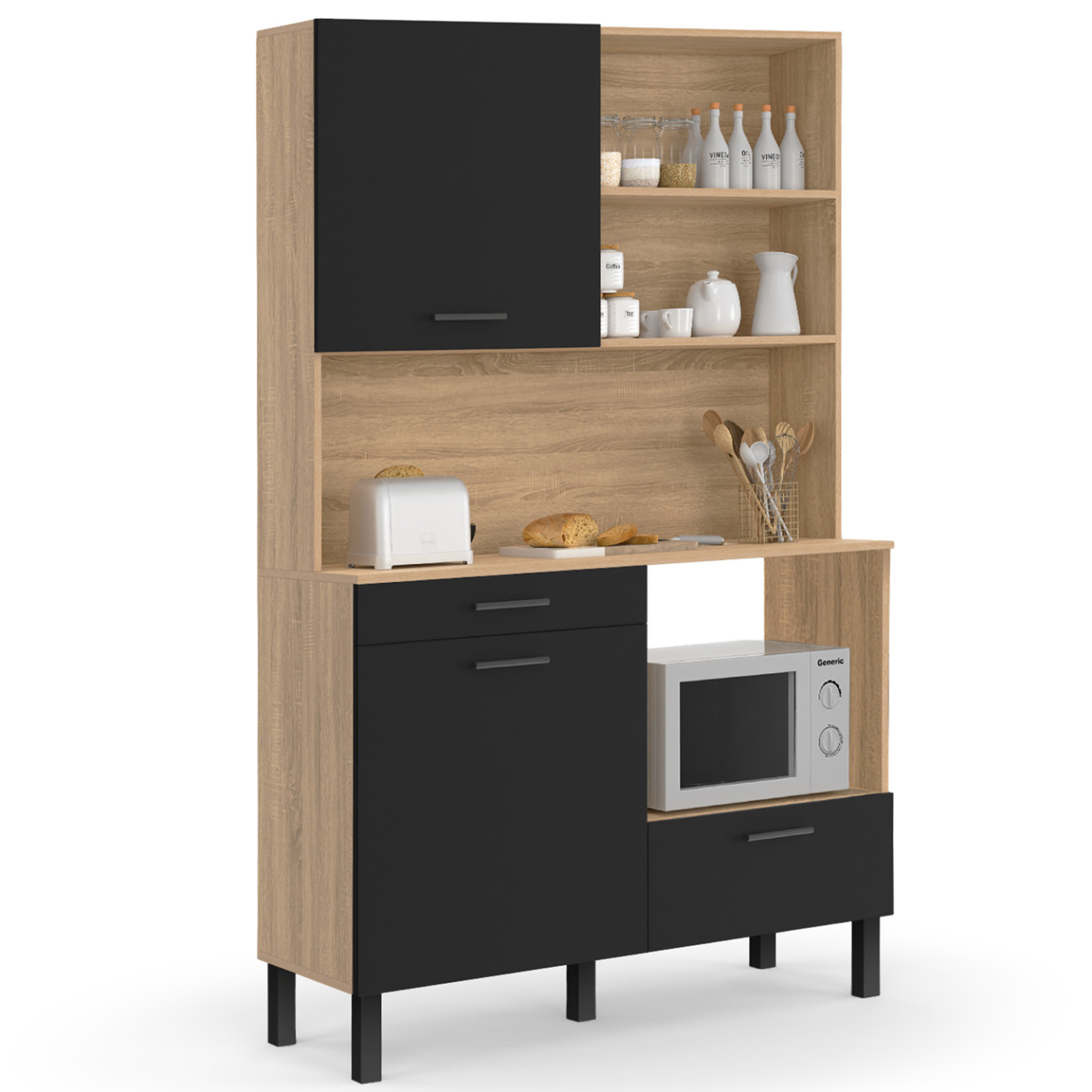 ID MARKET Buffet de cuisine 120 cm cina 3 portes + 1 tiroir façon hêtre et noir