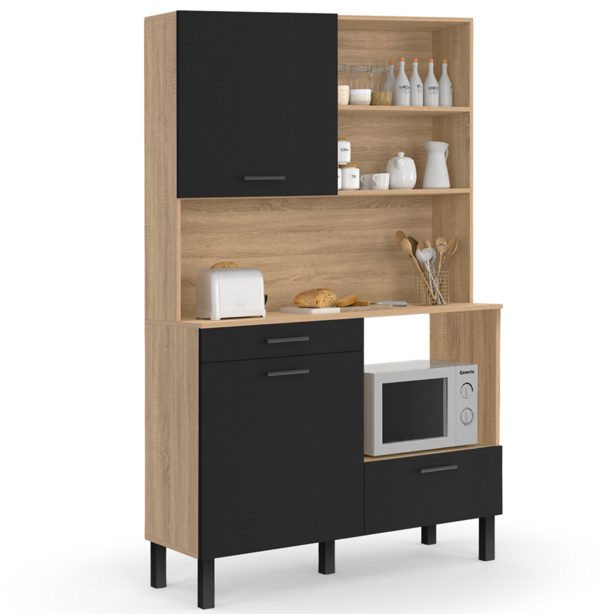 ID MARKET Buffet de cuisine 120 CM CINA 3 portes + 1 tiroir façon hêtre et noir