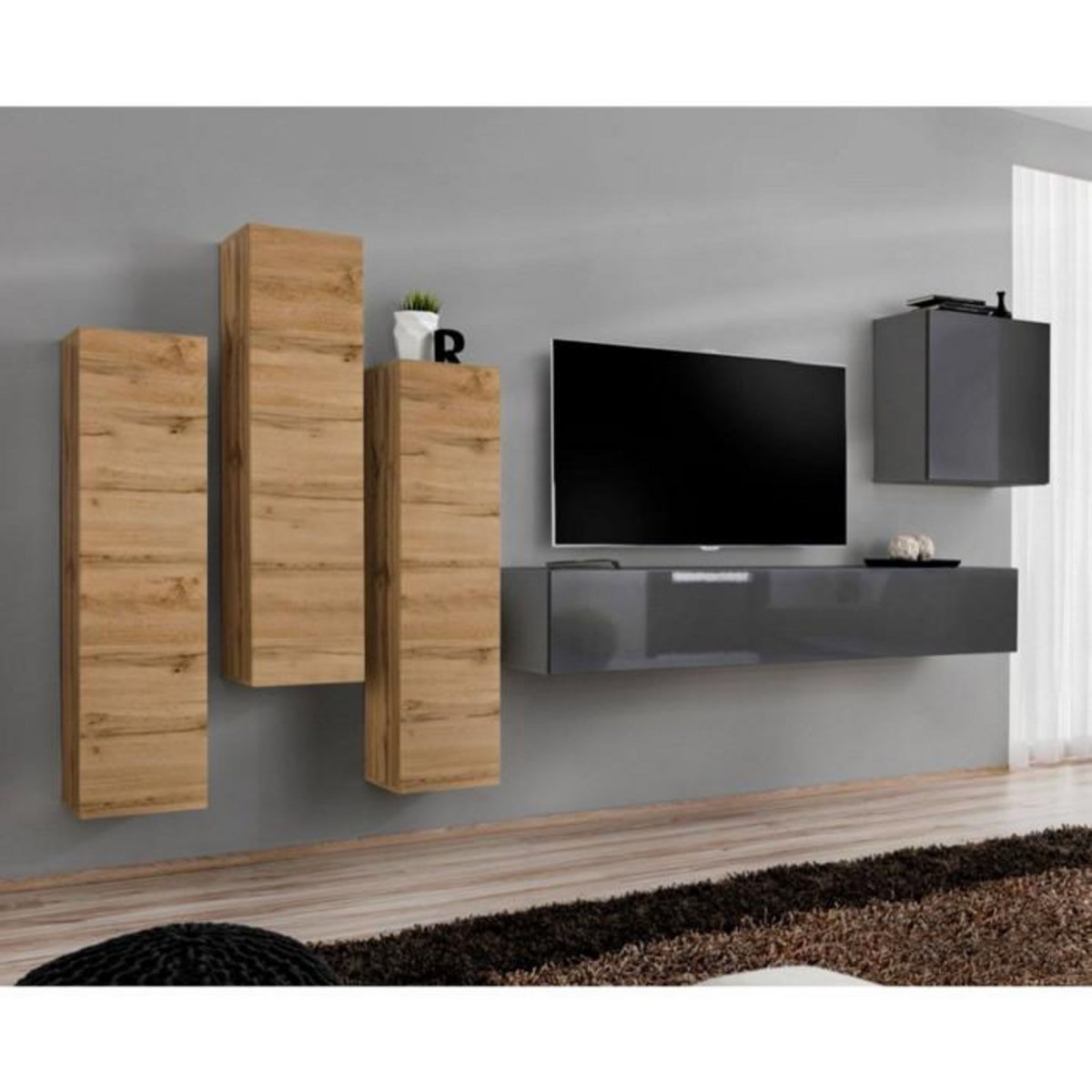 Paris Prix Meuble TV Mural Design  Switch III  330cm Naturel & Gris