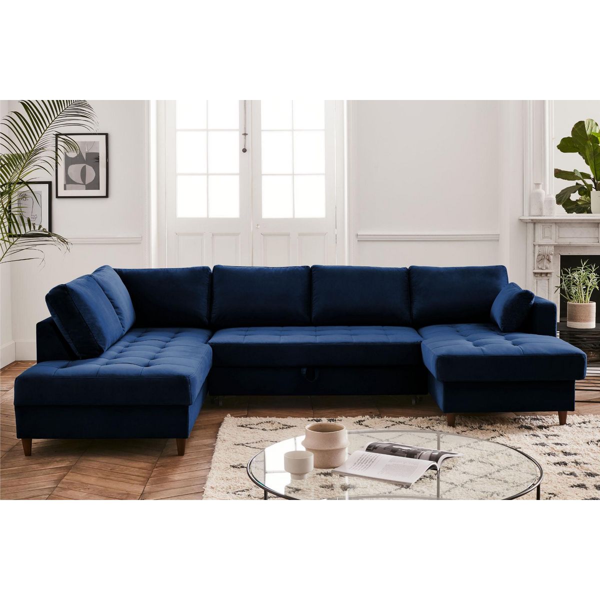 LISA DESIGN Anna - canapé panoramique d'angle gauche - 7 places - convertible avec coffre - en velours