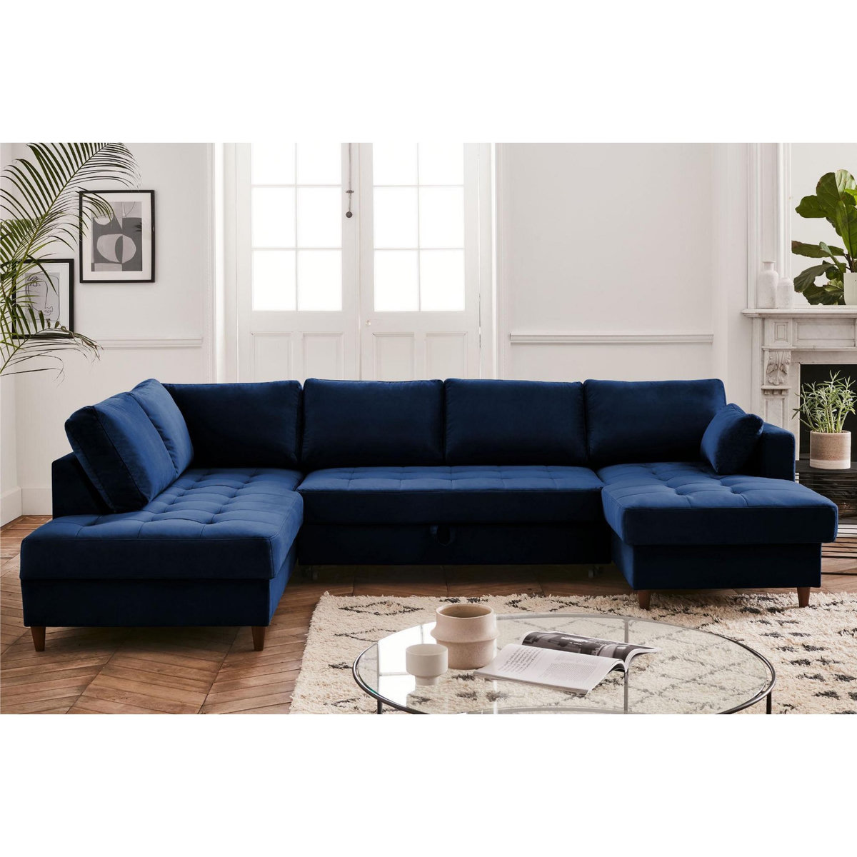 LISA DESIGN Anna - canapé panoramique d'angle gauche - 7 places - convertible avec coffre - en velours