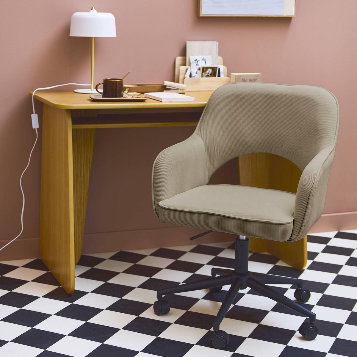 SWEEEK Chaise de bureau à roulettes velours côtelé , L 60 x P 62 x H 89 / 99cm