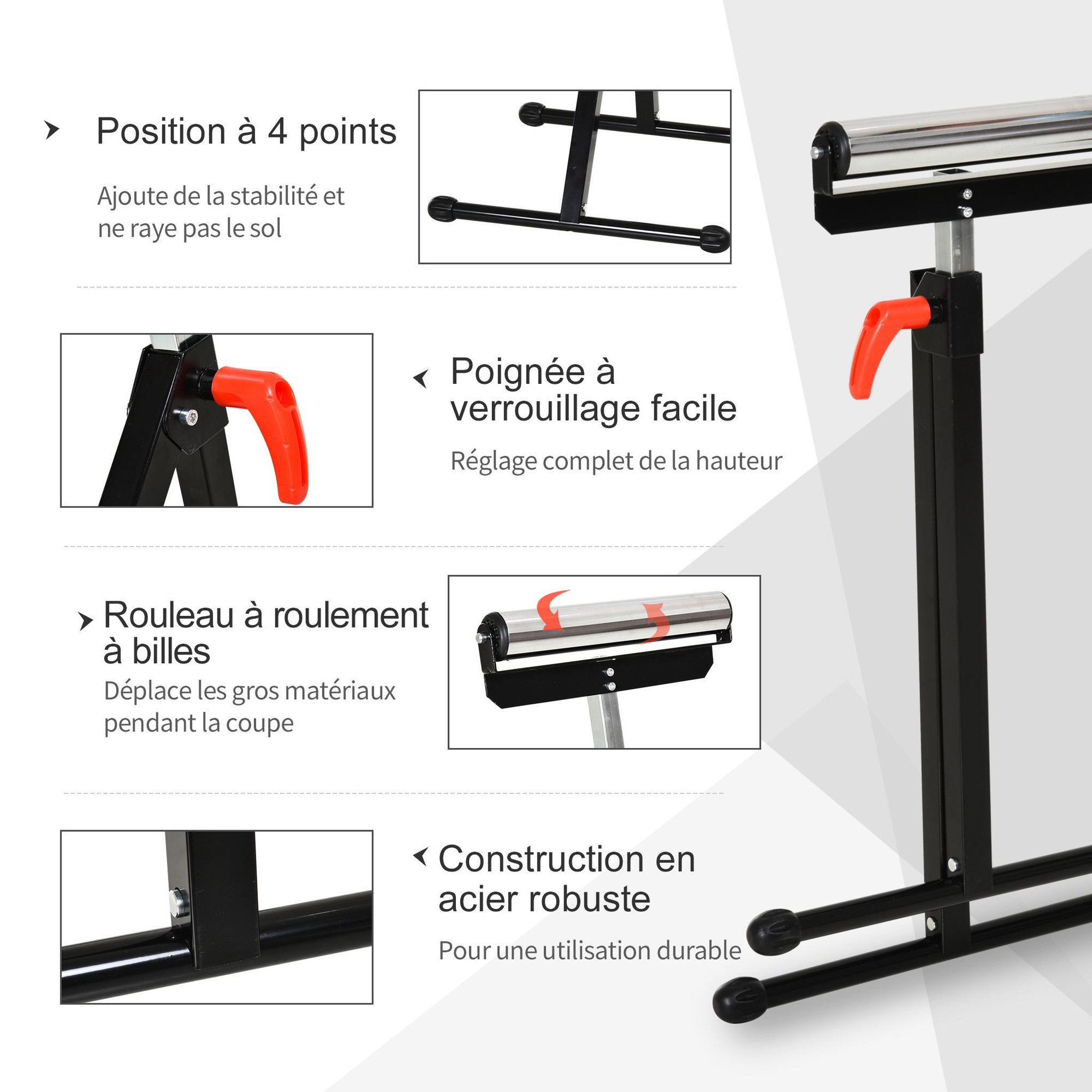 Voir la diapositive 6 : HOMCOM Servante à rouleau pliable - servante d'atelier à rouleau - max 90 Kg - H. 68-110 cm - métal rouge noir