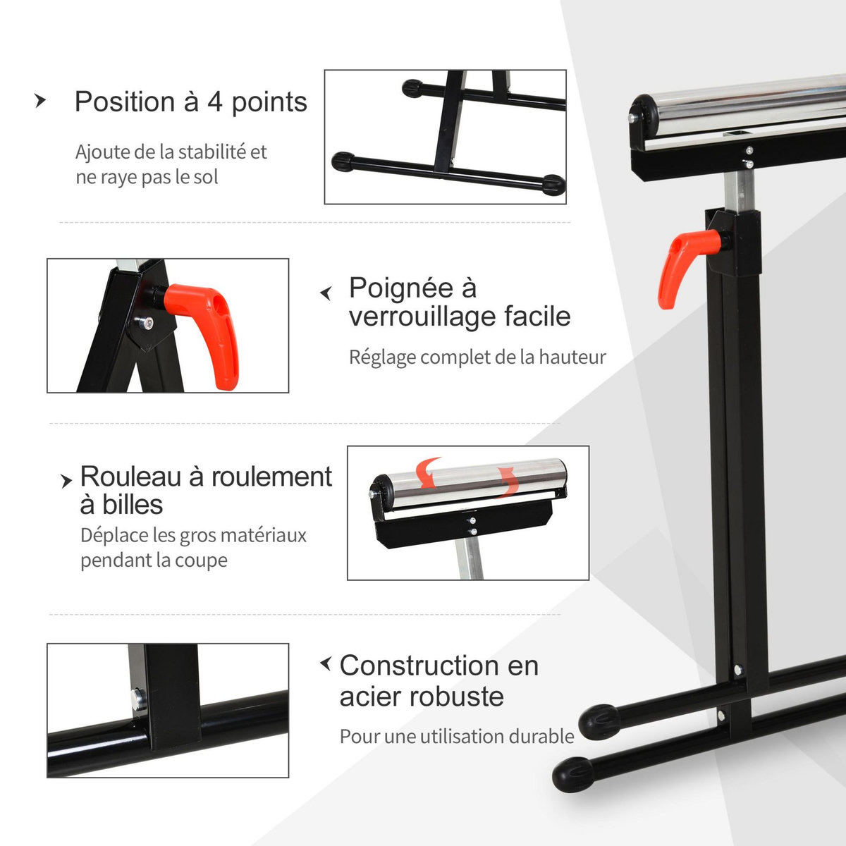 HOMCOM Servante à rouleau pliable - servante d'atelier à rouleau - max 90 Kg - H. 68-110 cm - métal rouge noir