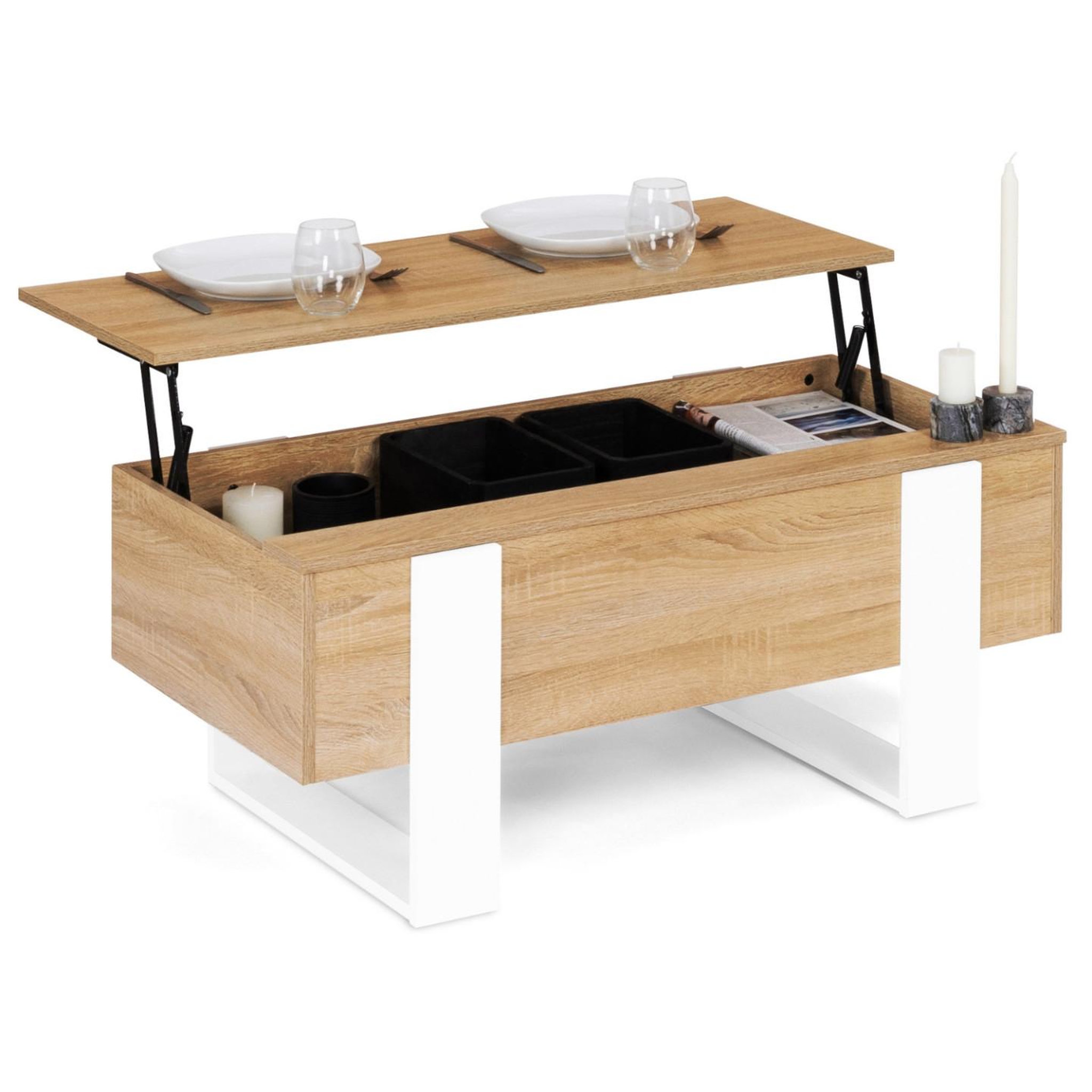 ID MARKET Table basse plateau relevable rectangulaire phoenix bois et blanc