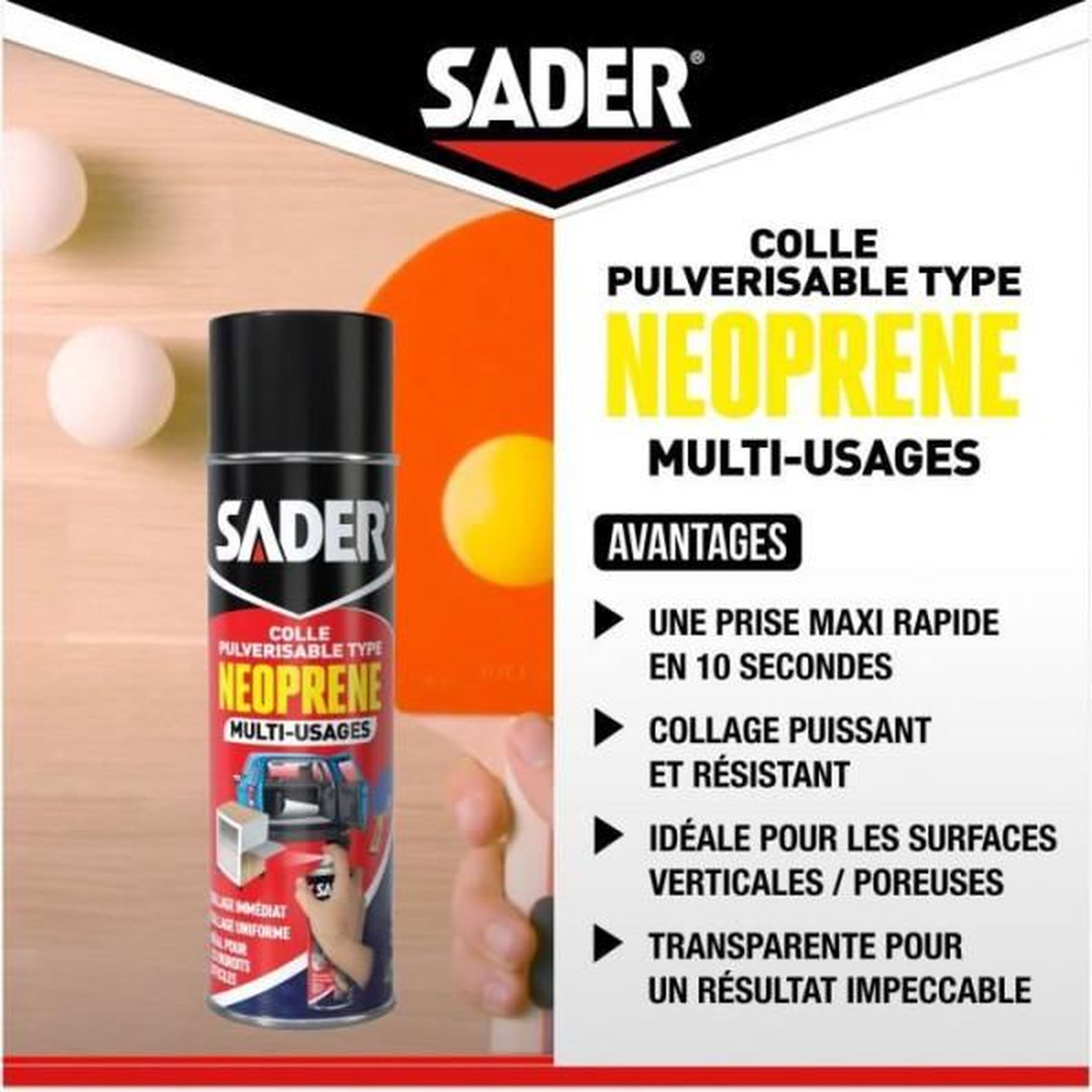 Voir la diapositive 3 : Sader Colle aérosol néoprene multi-usages - SADER - Extra forte - Tous matériaux - Prise immédiate - Bombe 500 ml