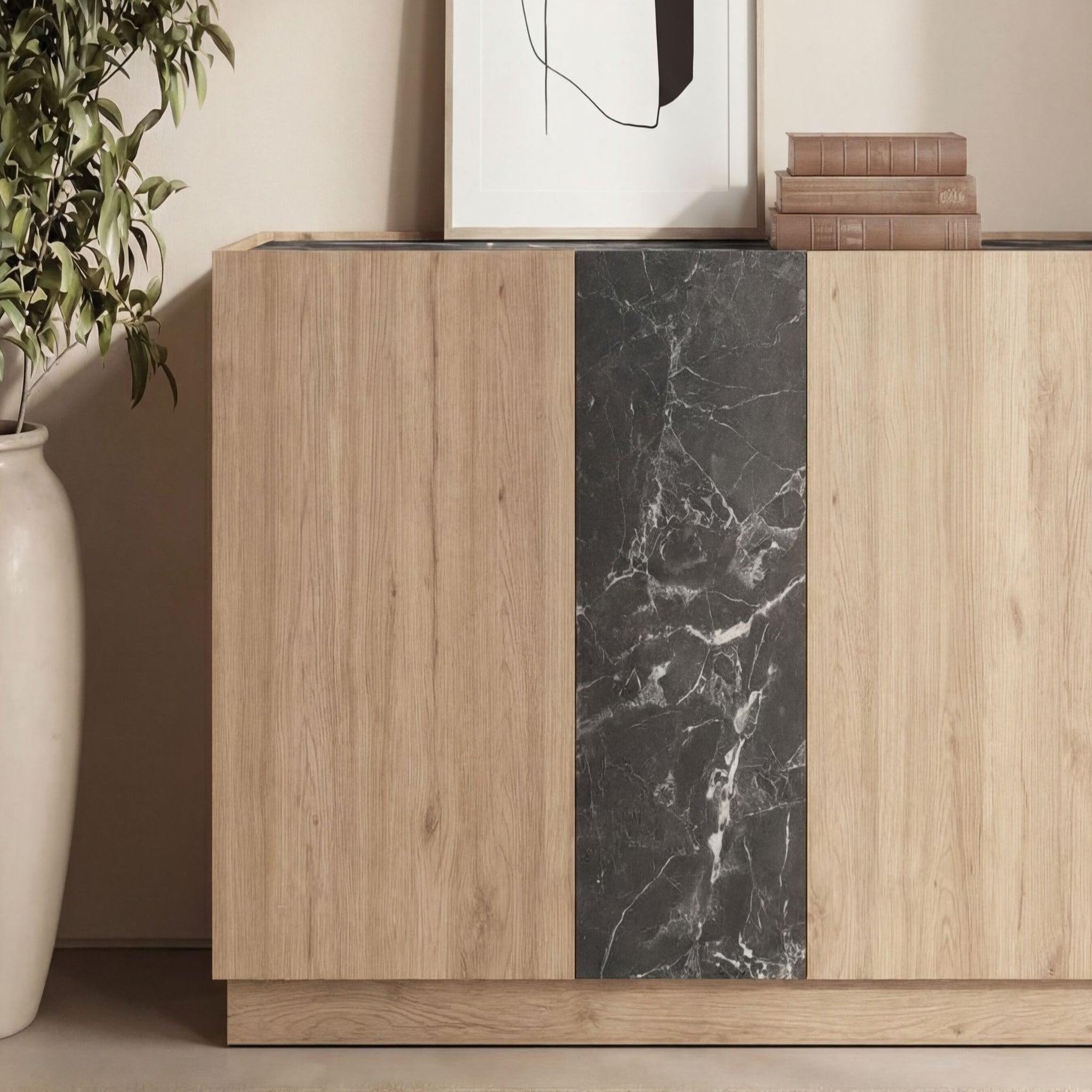 Voir la diapositive 4 : CASANOVA PARIS AUREN - Buffet 3 portes 140cm en mélamine - Chêne clair