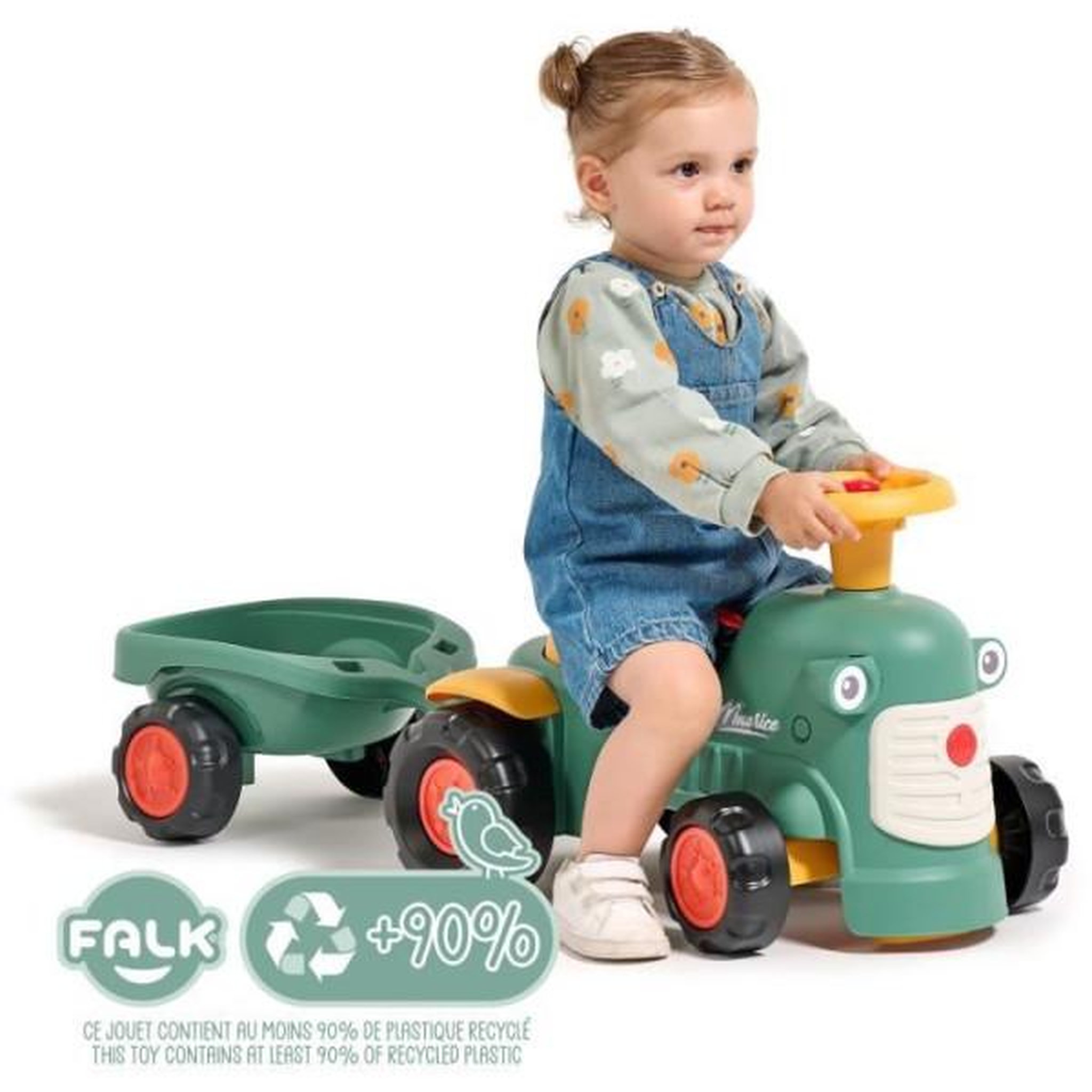 Voir la diapositive 2 : FALK Porteur Trotteur  tracteur Maurice - FALK - Volant directionnel et remorque - 100% Fabriqué en France - 90% de plastique recyclé - Des 1