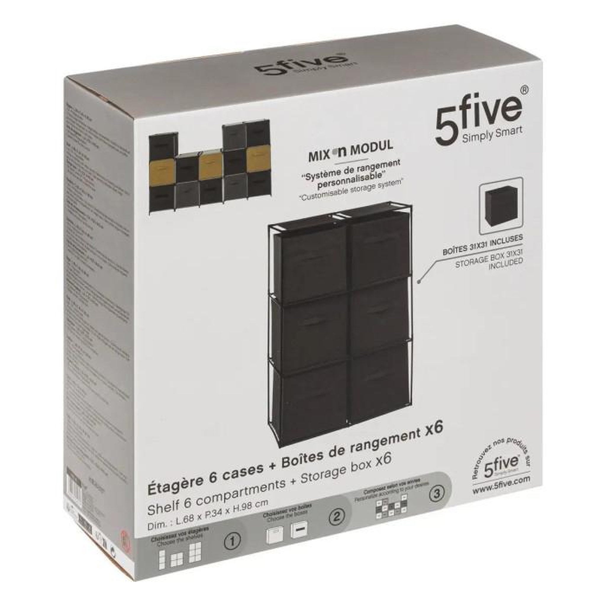 Voir la diapositive 4 : FIVE Étagère & 6 Boîtes de Rangement  Module  98cm Noir