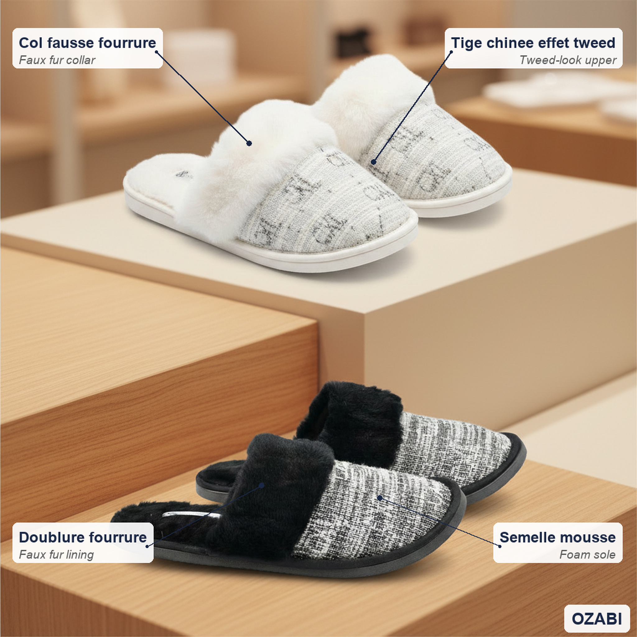 Voir la diapositive 5 : OZABI Cxl by christian lacroix pantoufles mules femme col fourrure pack 2 paires