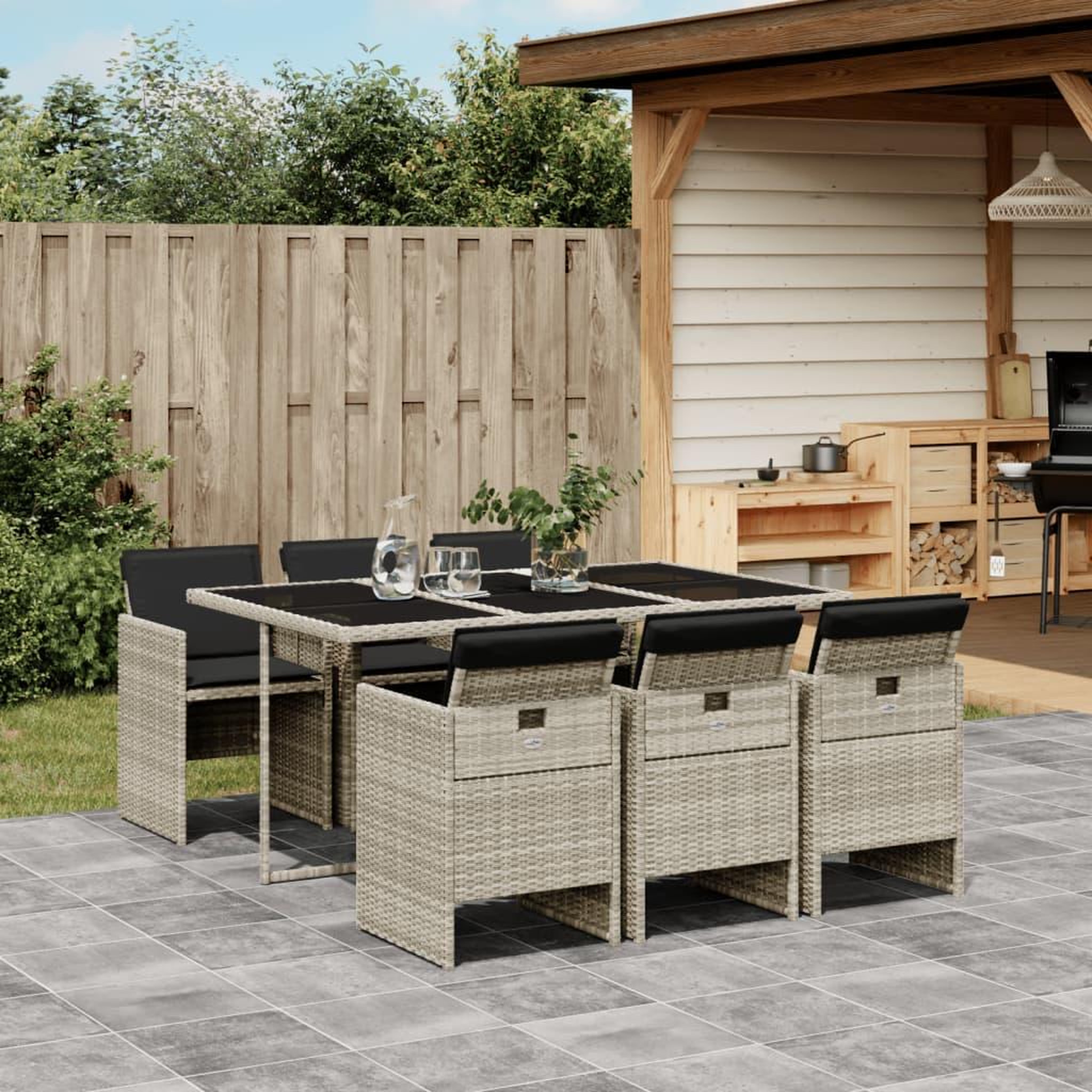 VIDAXL Ensemble a manger de jardin et coussins 7 pcs gris clair rotin