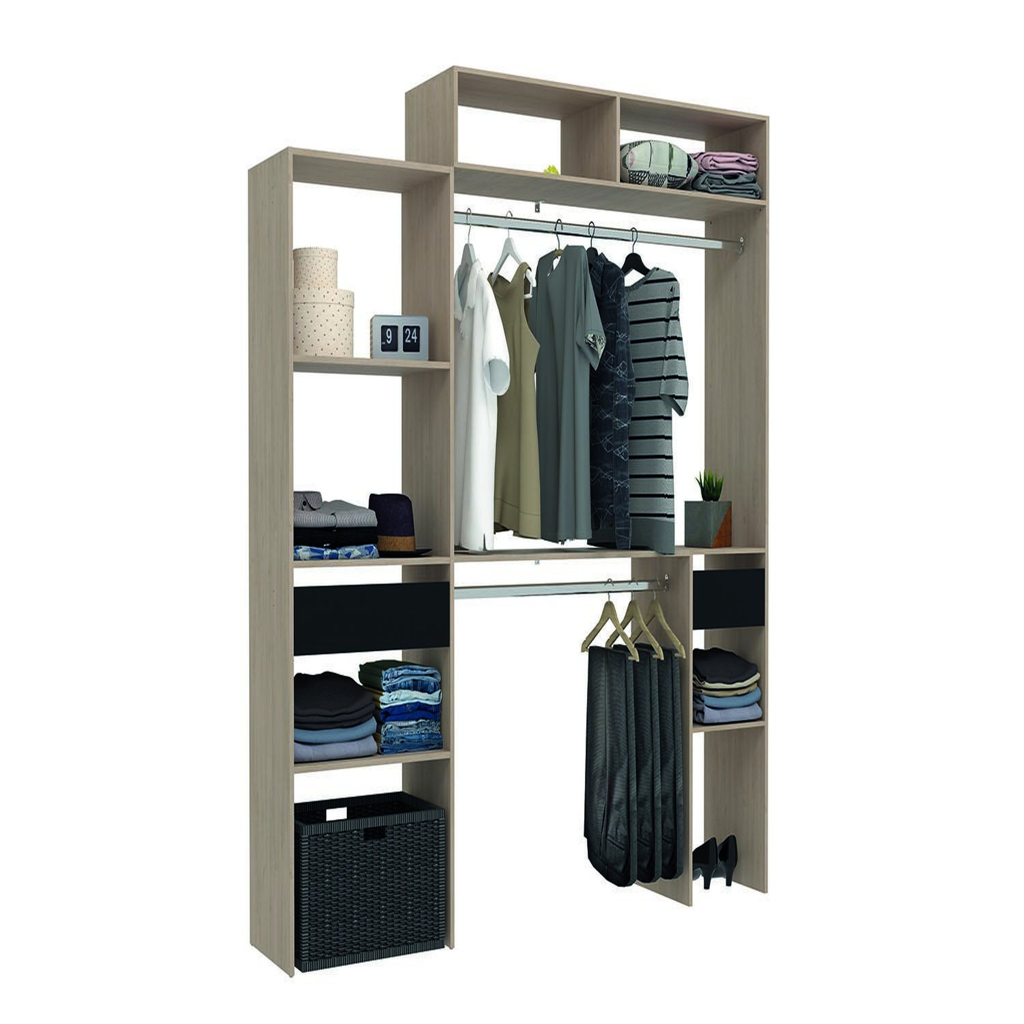 Voir la diapositive 2 : CONCEPT USINE Dressing bois extensible avec 2 penderies 4 étagères et 1 tiroir elysee