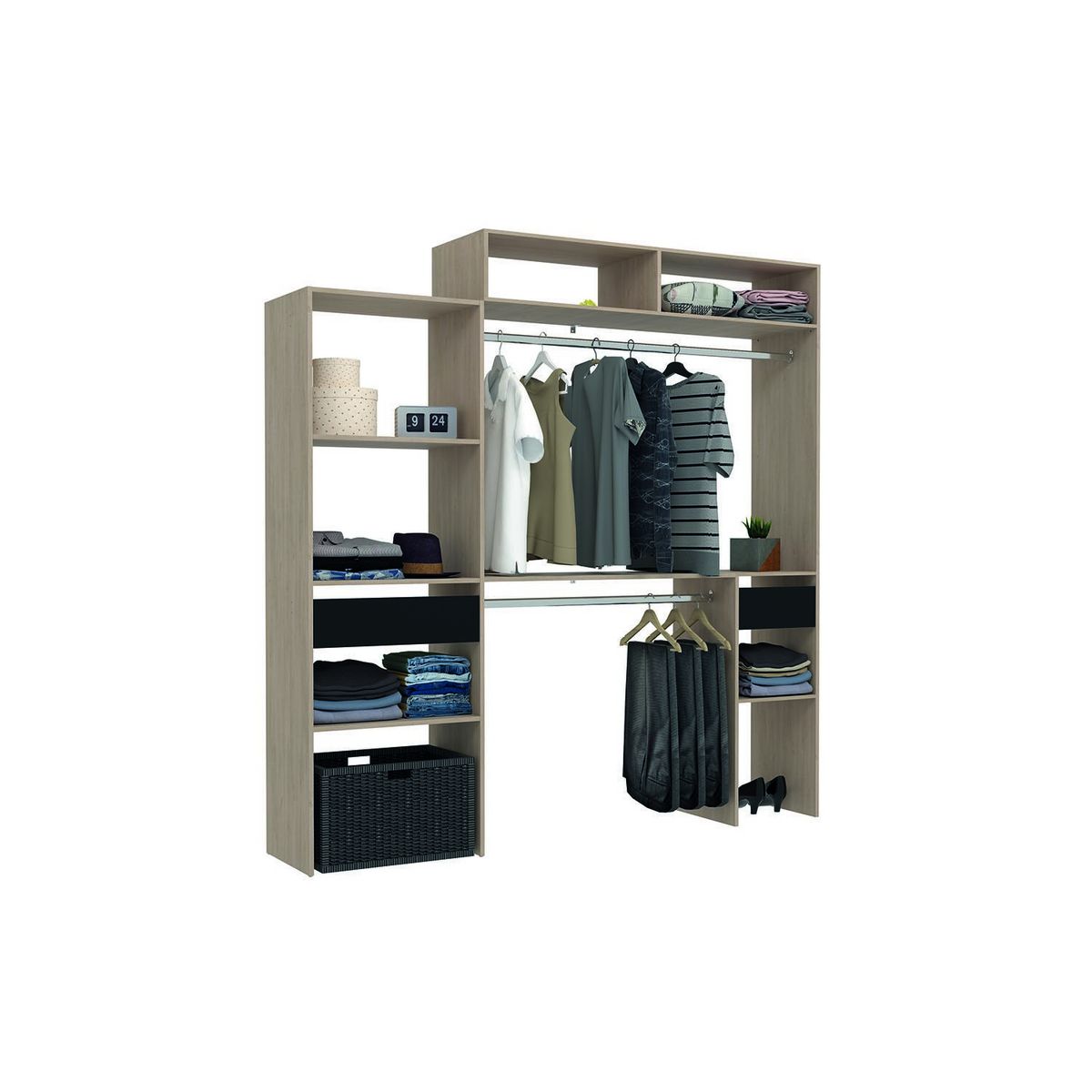 CONCEPT USINE Dressing bois extensible avec 2 penderies, 4 étagères et 1 tiroir ELYSEE