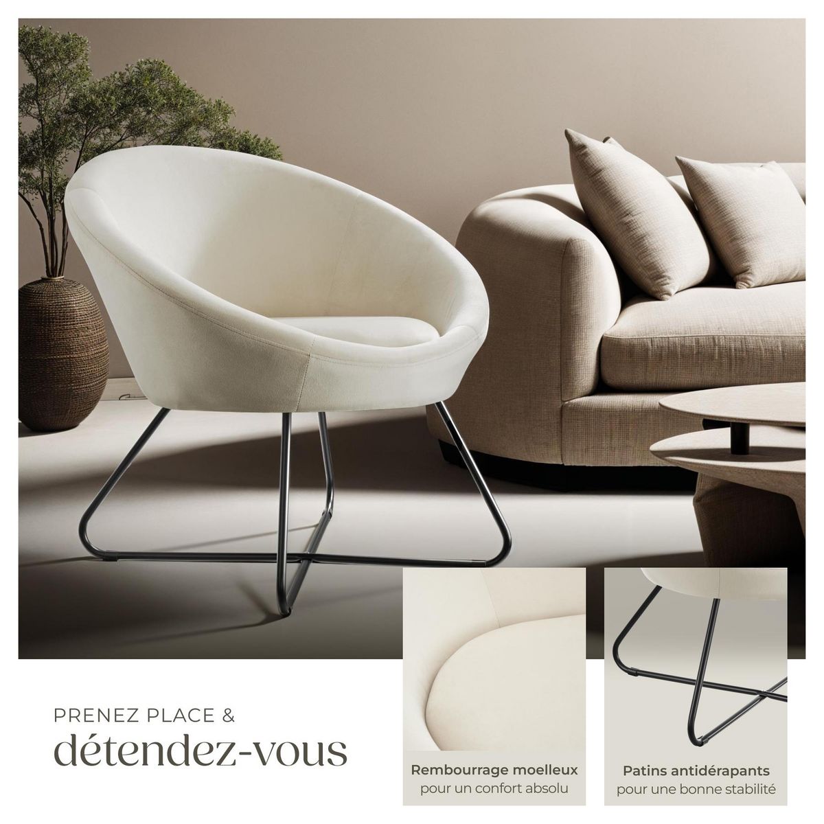 tectake Fauteuil cocktail rembourré avec revêtement en velours Aspect velours beige