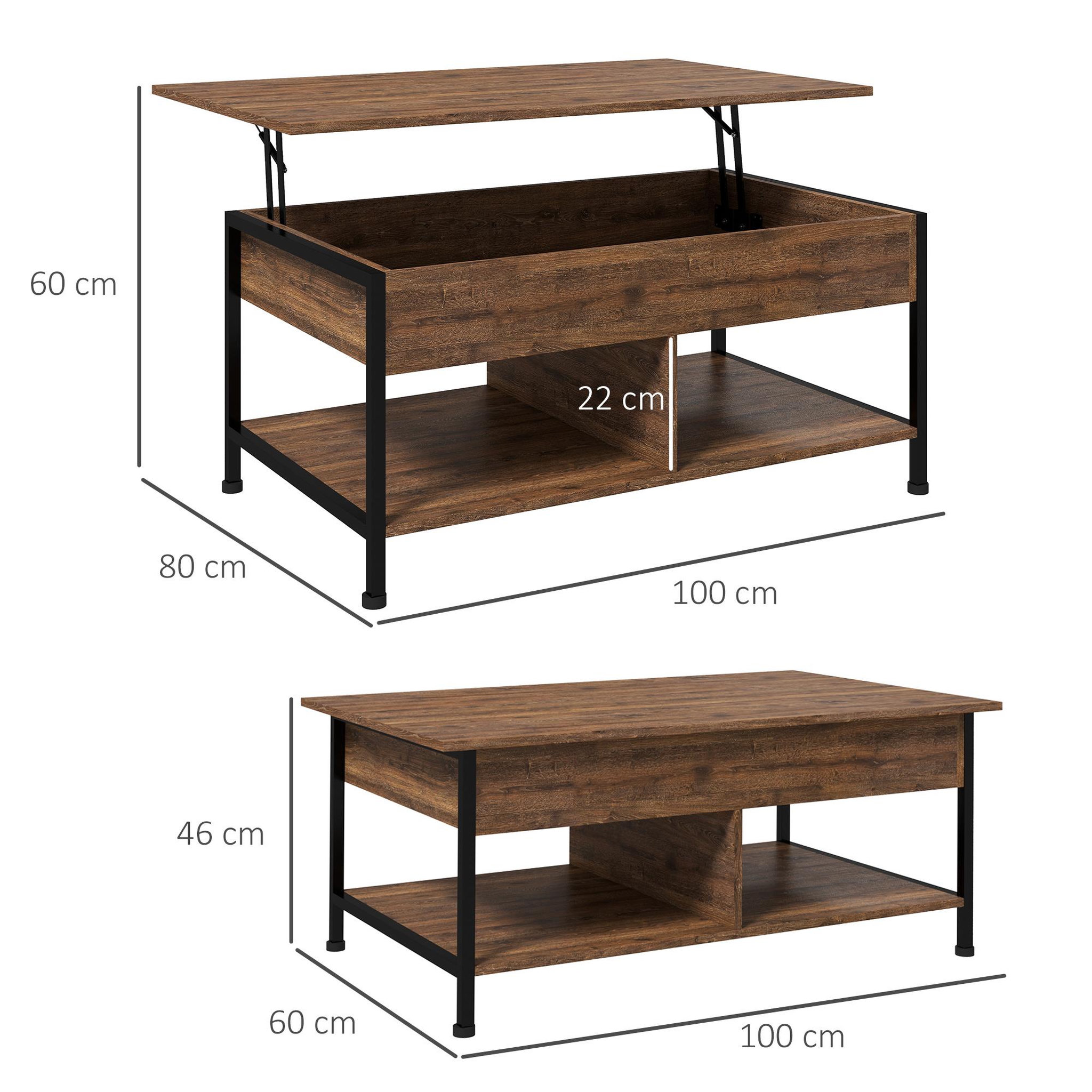 Voir la diapositive 3 : HOMCOM Table basse relevable - étagère inférieure, coffre de rangement - dim. 100L x 80l x 60H cm - aspect bois rustique noir