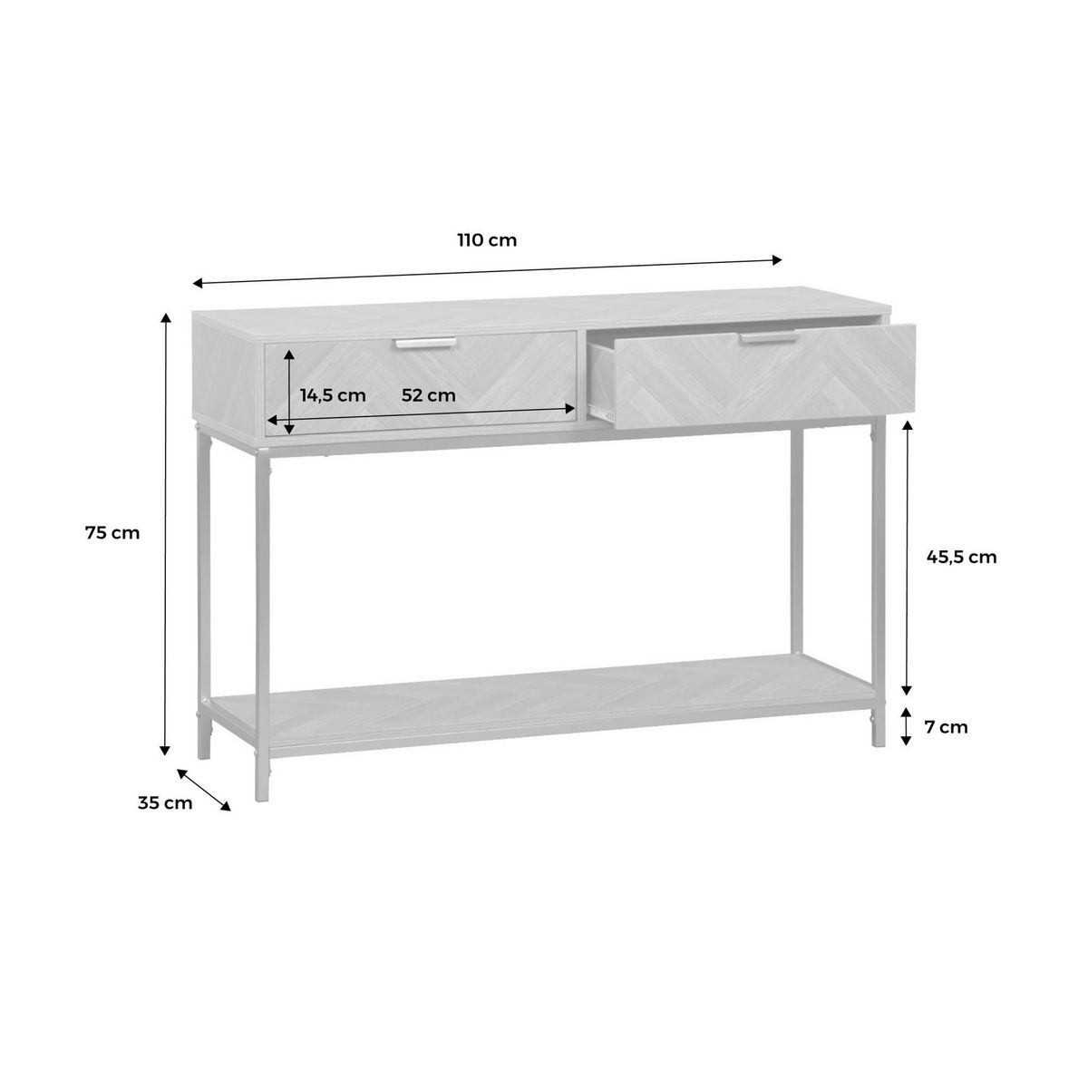 SWEEEK Console. Budapest. deux tiroirs. une étagère. L 110 x l 35 x H 75cm
