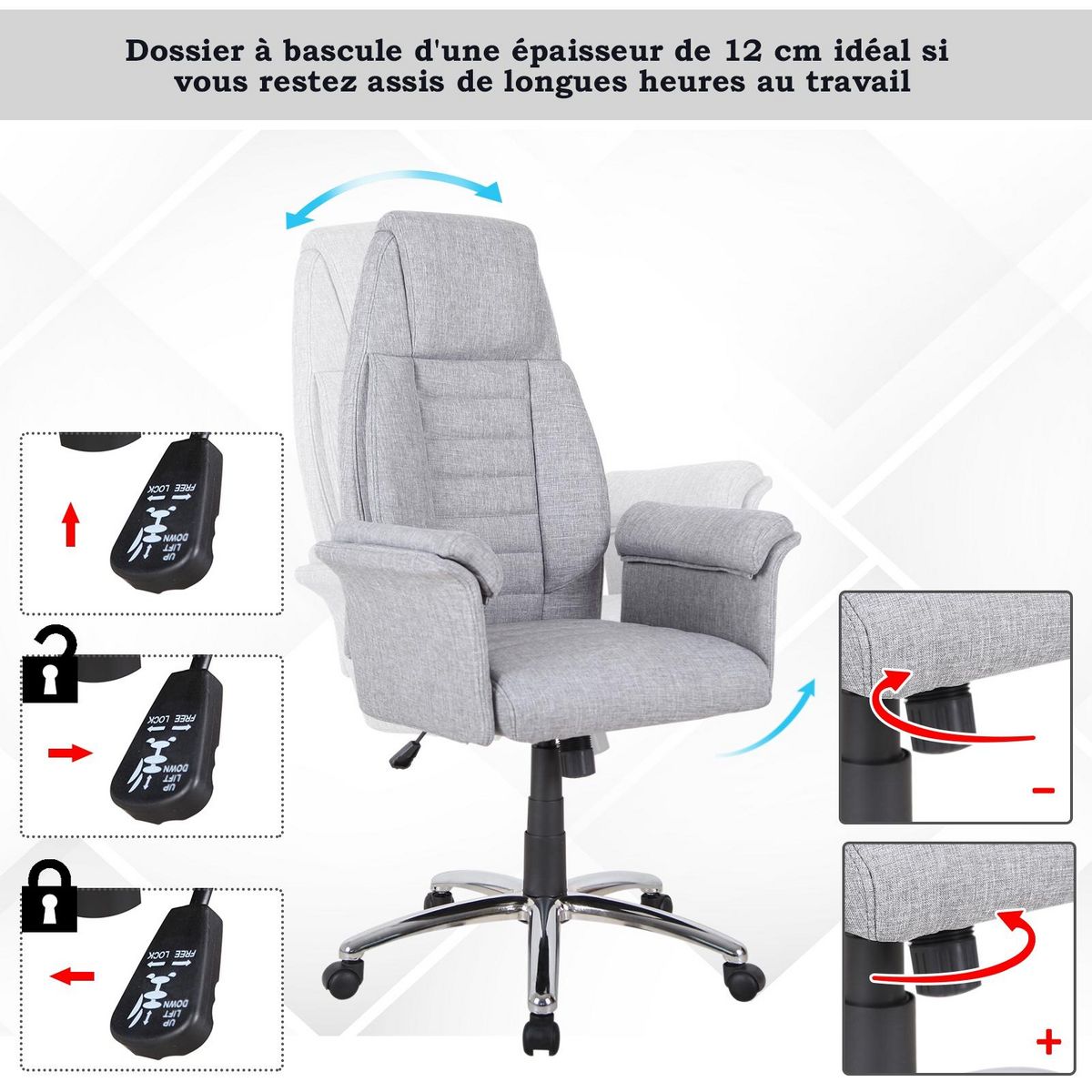 HOMCOM Fauteuil de bureau ergonomique hauteur réglable roulettes pivotantes 69 x 68 x 126 cm gris