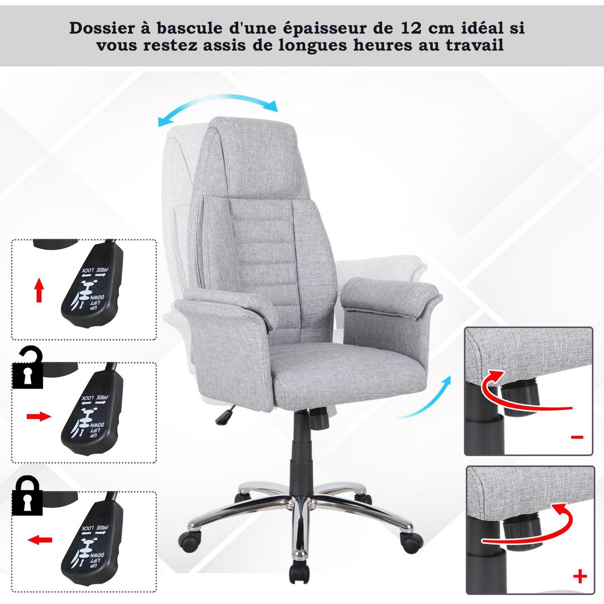 HOMCOM Fauteuil de bureau ergonomique hauteur réglable roulettes pivotantes 69 x 68 x 126 cm gris