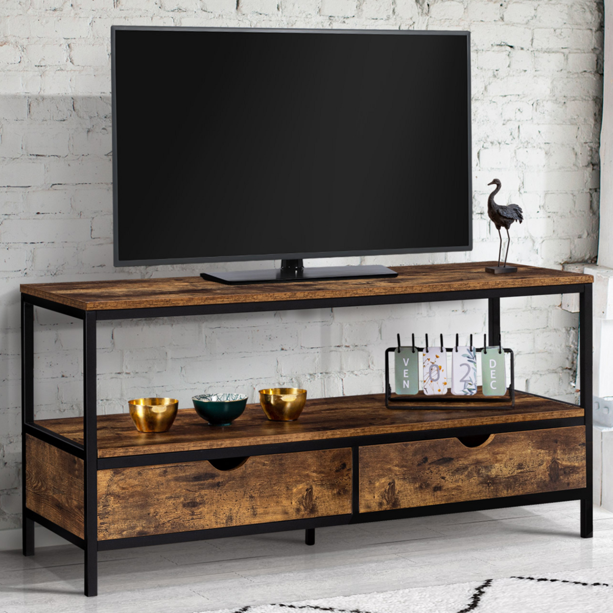 ID MARKET Meuble TV 113 cm DAYTON 2 tiroirs bois effet vieilli design industriel