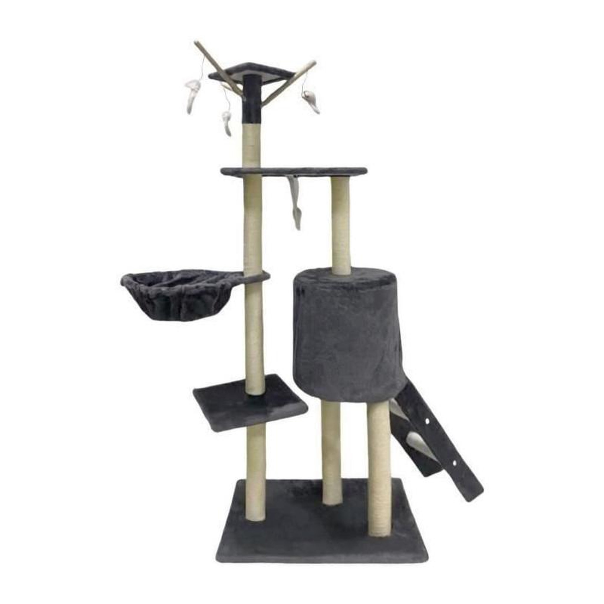 Voir la diapositive 2 : GENERIQUE Arbre a chat - 79 x 34 x 138 cm - JIPSY - Gris foncé - 3 plateformes, 1 perchoir, 1 niche, 1 escalier, poteaux a griffer