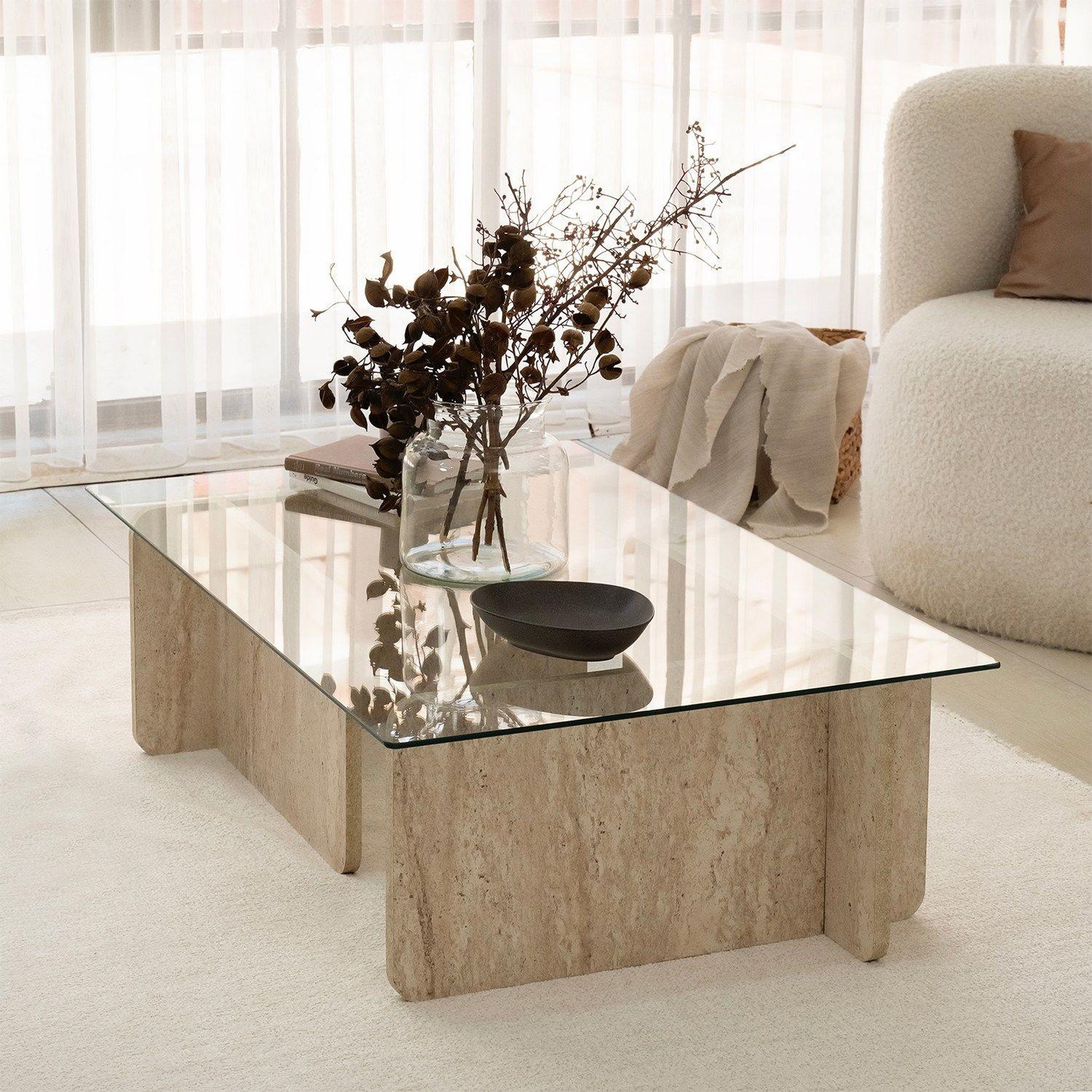 Voir la diapositive 4 : TOILINUX Table basse rectangulaire effet travertin et verre - beige