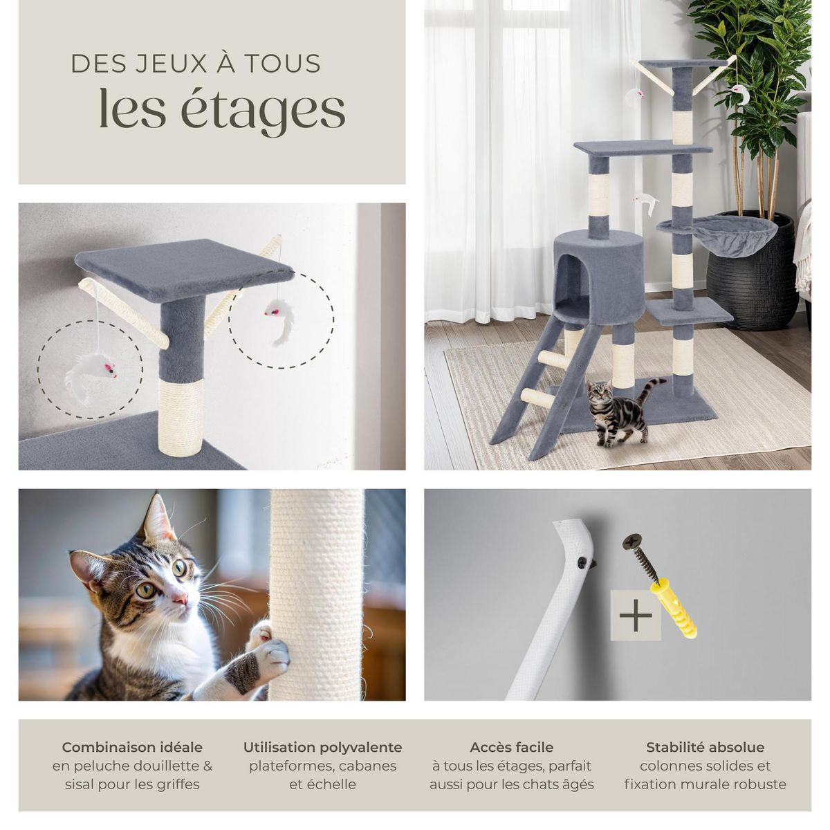 tectake Arbre à chat 144 cm avec griffoir et plateforme d'escalade gris