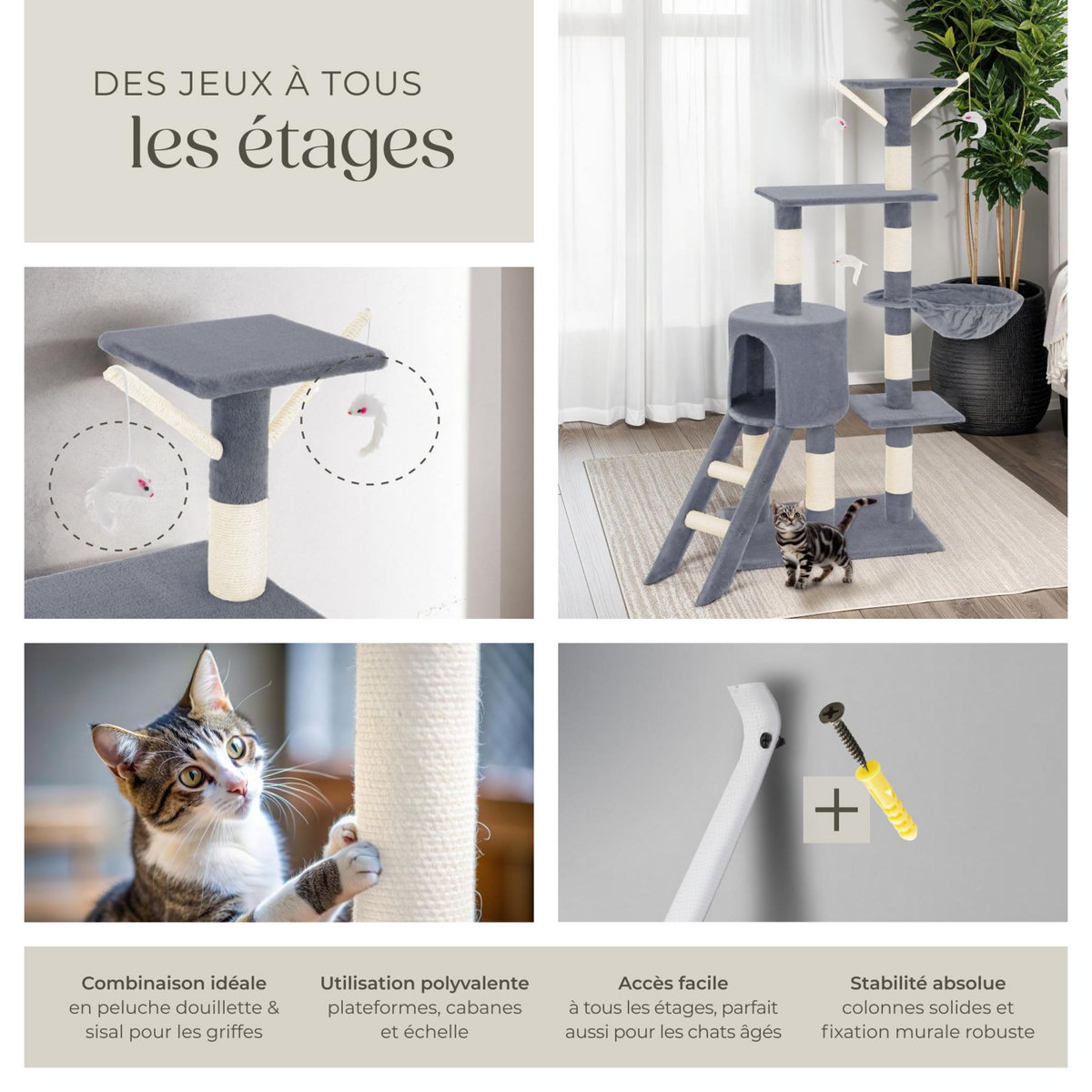 tectake Arbre à chat 144 cm avec griffoir et plateforme d'escalade gris