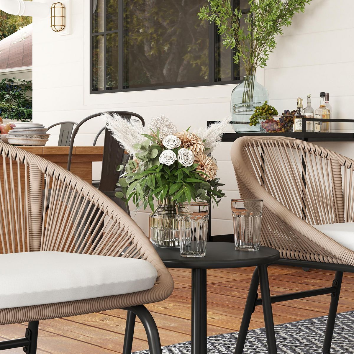 OUTSUNNY Ensemble salon de jardin 3 pièces 2 personnes avec coussins kaki