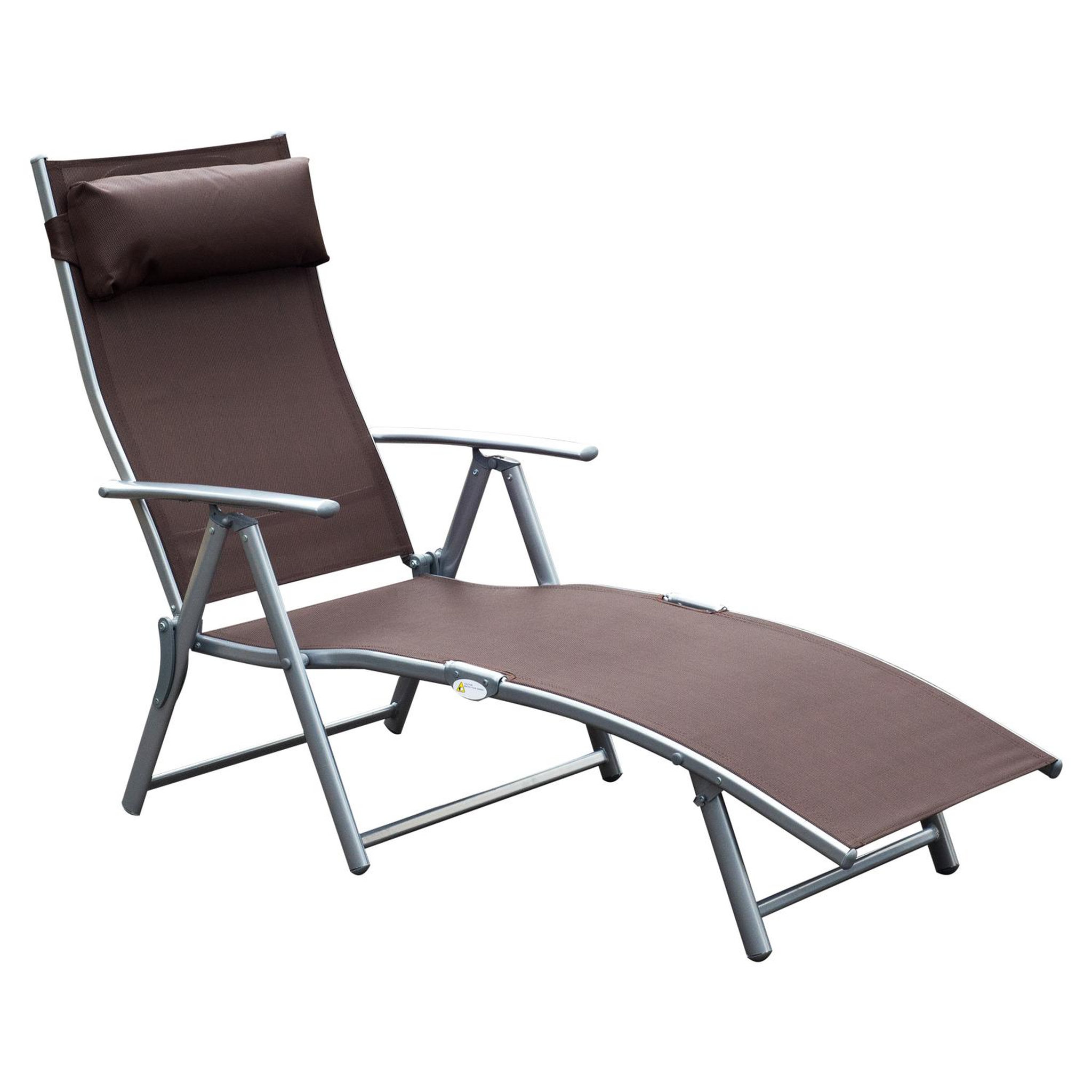Voir la diapositive 1 : OUTSUNNY Outsunny transat chaise longue bain de soleil pliable dossier inclinable multi-positions têtière fournie 137L x 64l x 101H cm métal époxy textilène marron