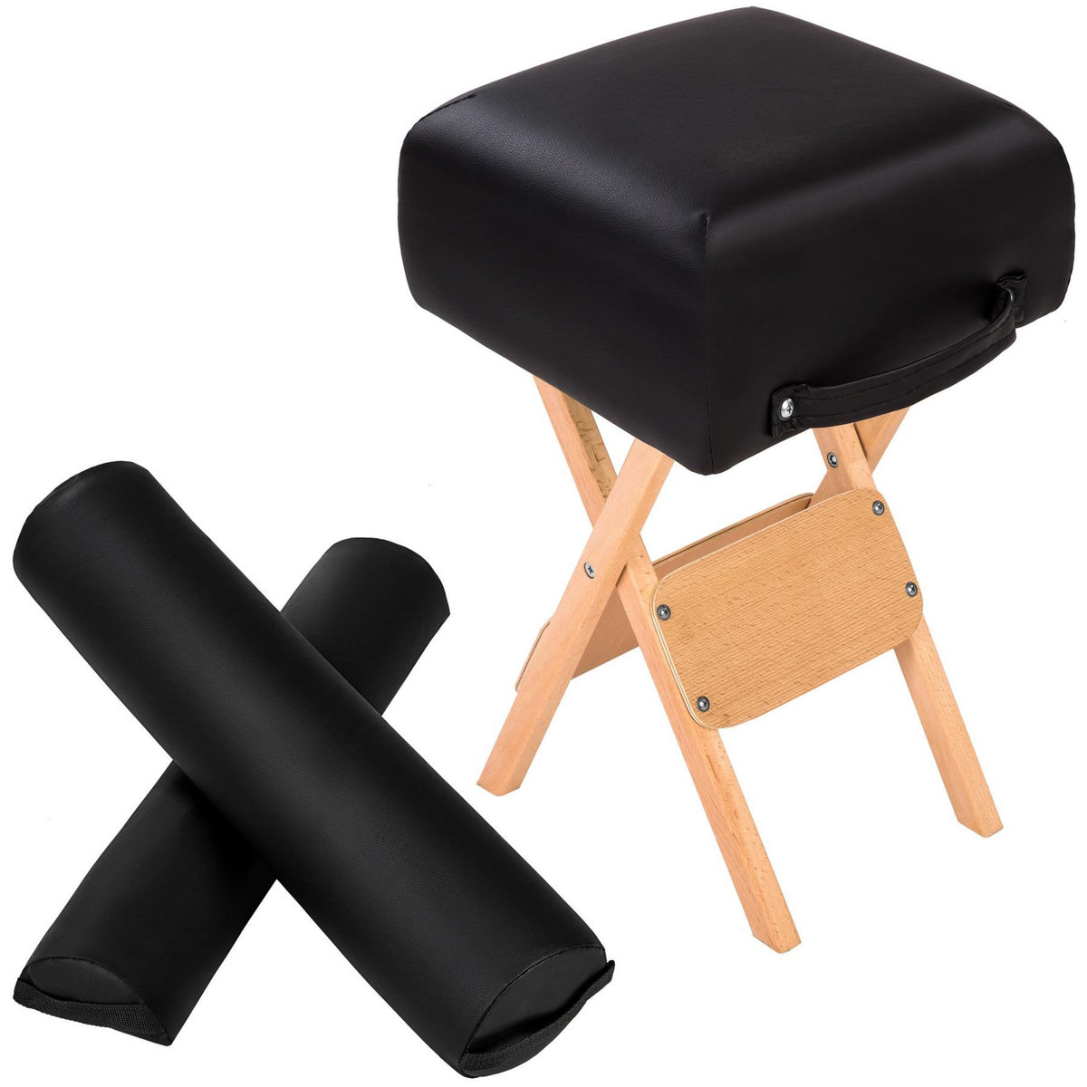 tectake Ensemble tabouret pour table de massage avec 2 coussins de massage en bois solide et cuir synthétique noir