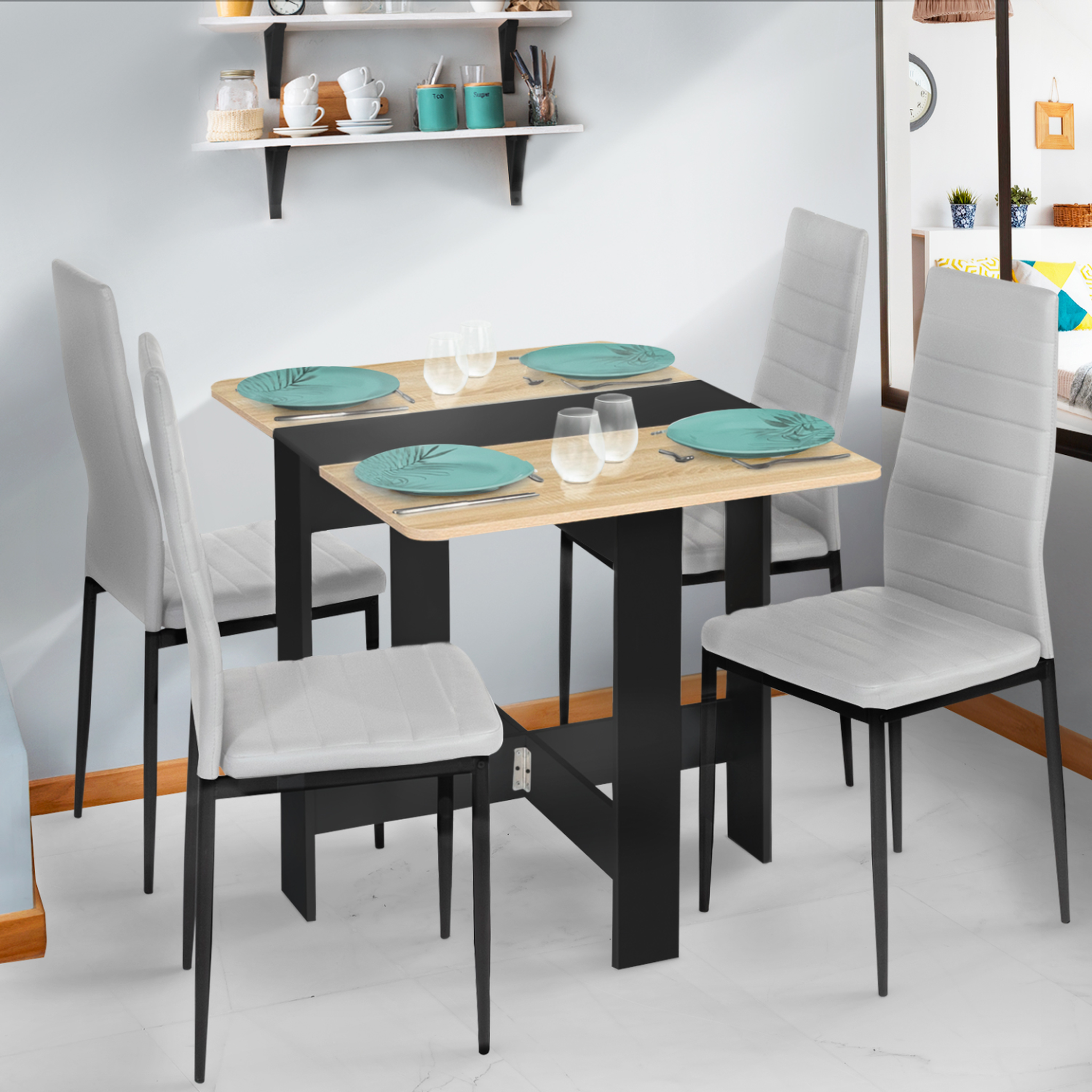 Voir la diapositive 5 : ID MARKET Table console pliable edi 2-4 personnes bois noir plateau façon hêtre 103 x 76 cm