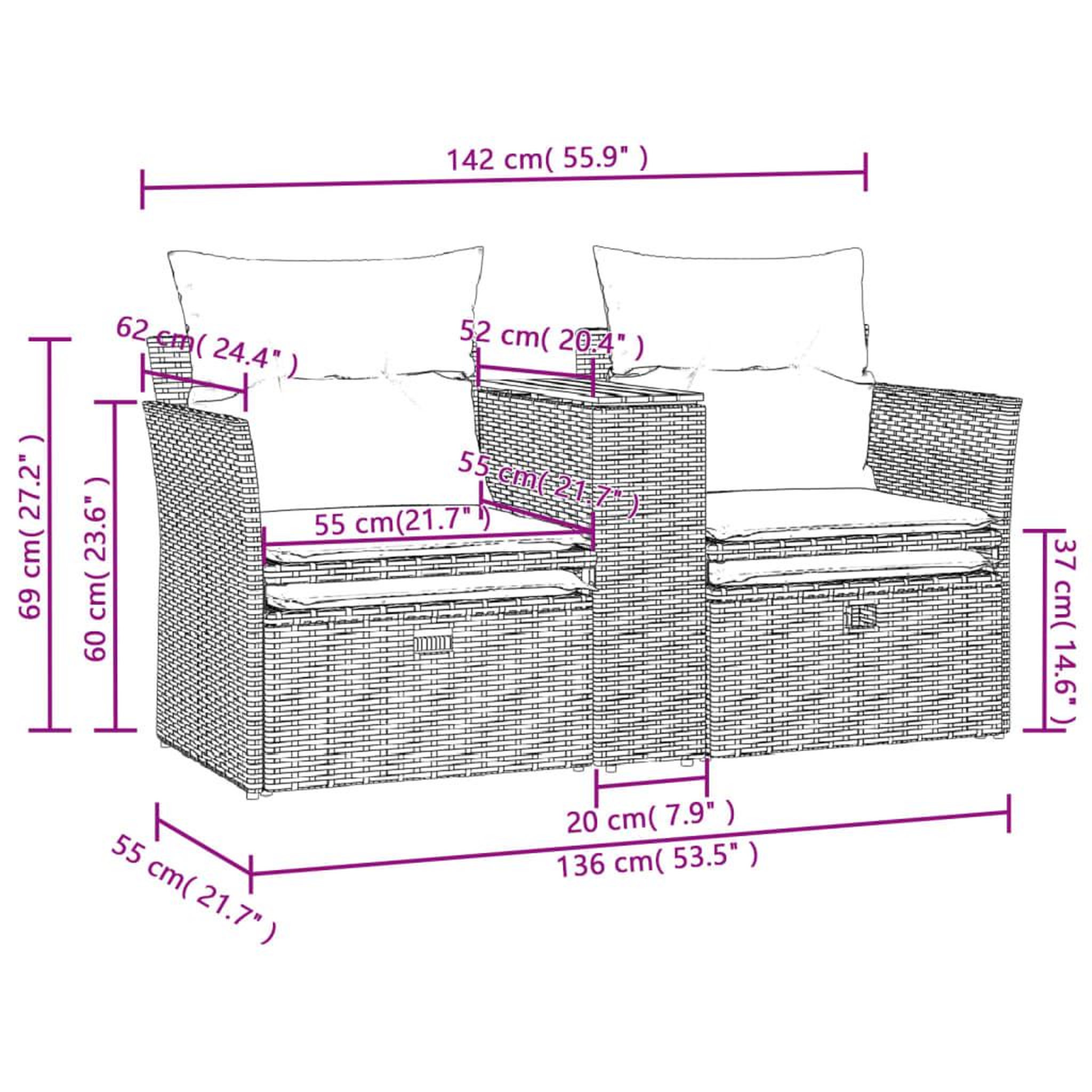 Voir la diapositive 6 : VIDAXL Canape de jardin 2 places avec tabourets gris resine tressee