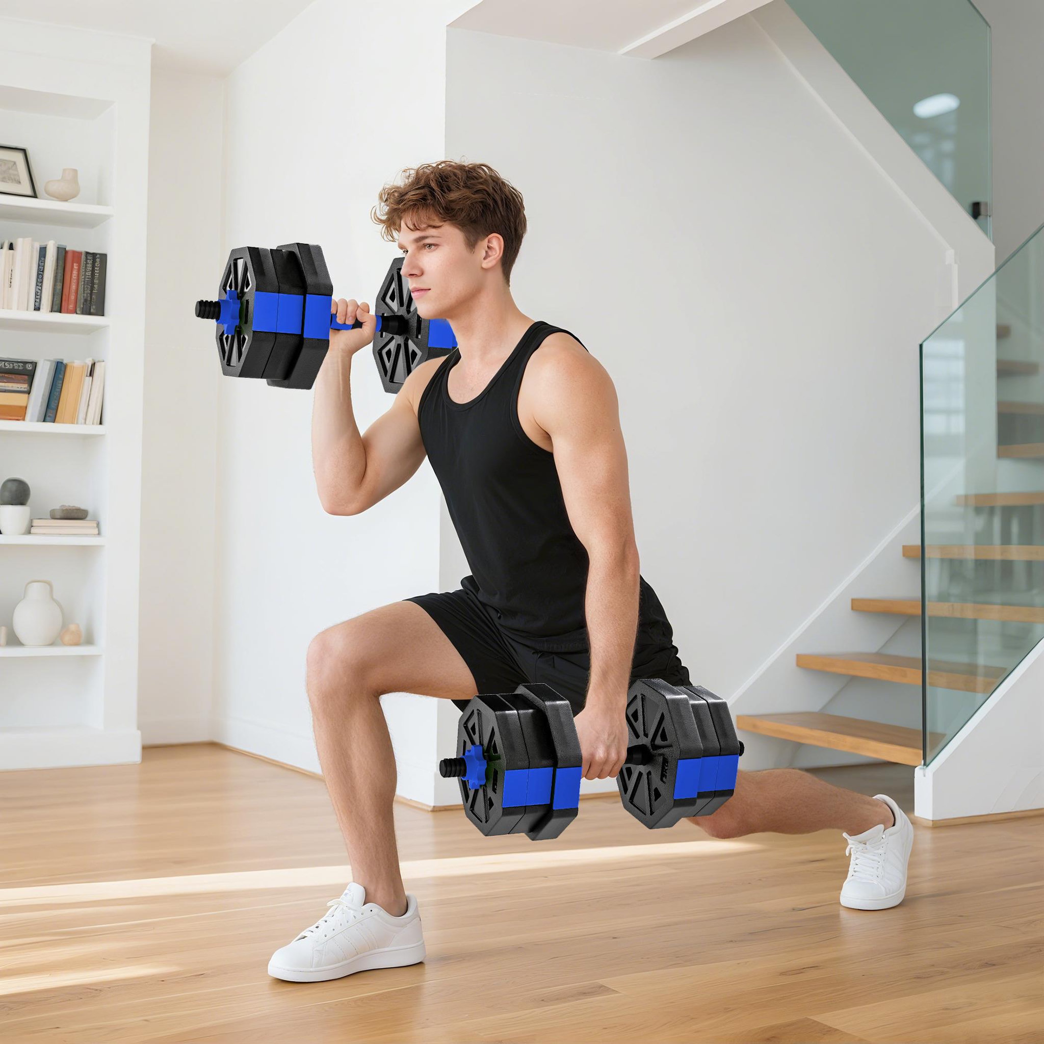 Voir la diapositive 2 : HOMCOM Ensemble d'haltères musculation multifonction 4 en 1 - haltères, kettlebell, push-up support, olympic barre - total 20kg - pvc bleu noir