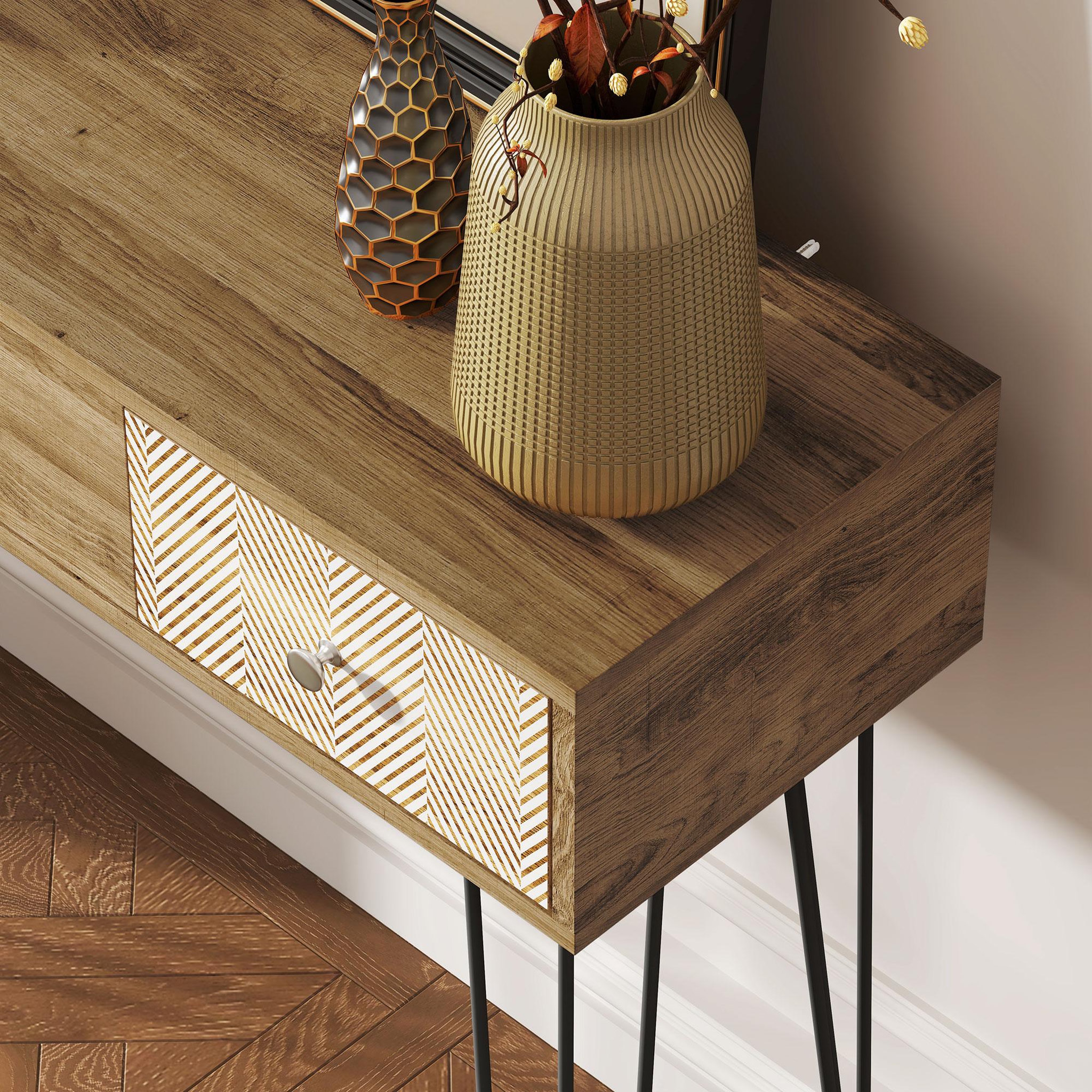 Voir la diapositive 4 : HOMCOM Console style néo-rétro 3 tiroirs graphiques piètement épingle acier noir effet bois