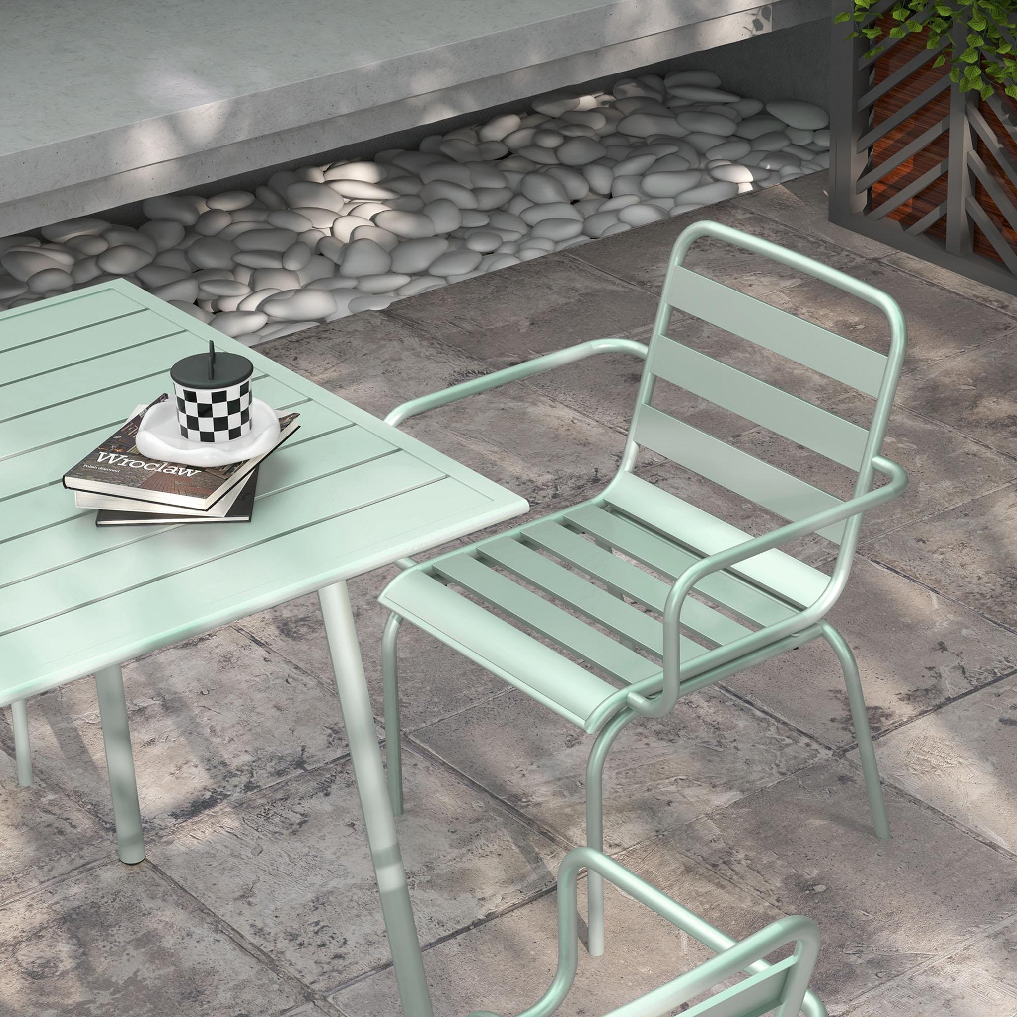 Voir la diapositive 5 : OUTSUNNY Salon de jardin 4 places 5 pièces - table à manger 4 chaises empilables - acier thermolaqué vert de gris
