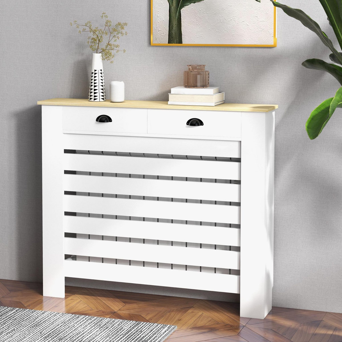 HOMCOM Cache-radiateur design panneau avec tiroirs - grille d'aération horizontale à lattes - dim. 111L x 19l x 95H cm - MDF effet bois clair blanc