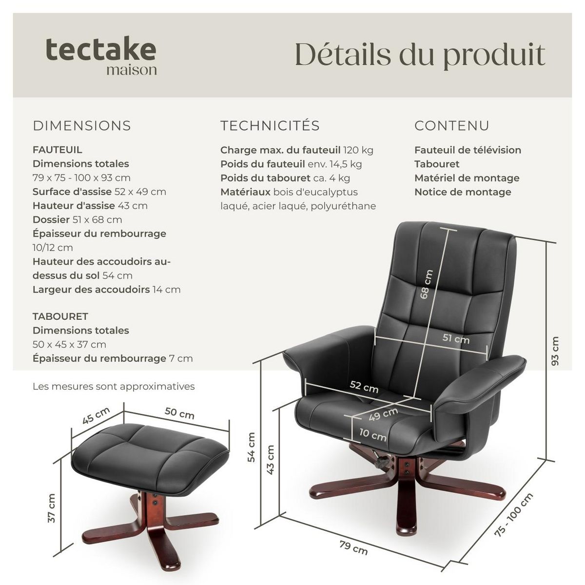 tectake Fauteuil relax avec pied en croix avec repose-pieds noir/marron